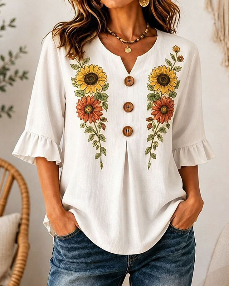 Boho Symmetric Sunflower Floral Print Notched V Neck Half Wooden Button Ruffle Three Quarter Sleeve Curved Hem Women Tunic Blouse