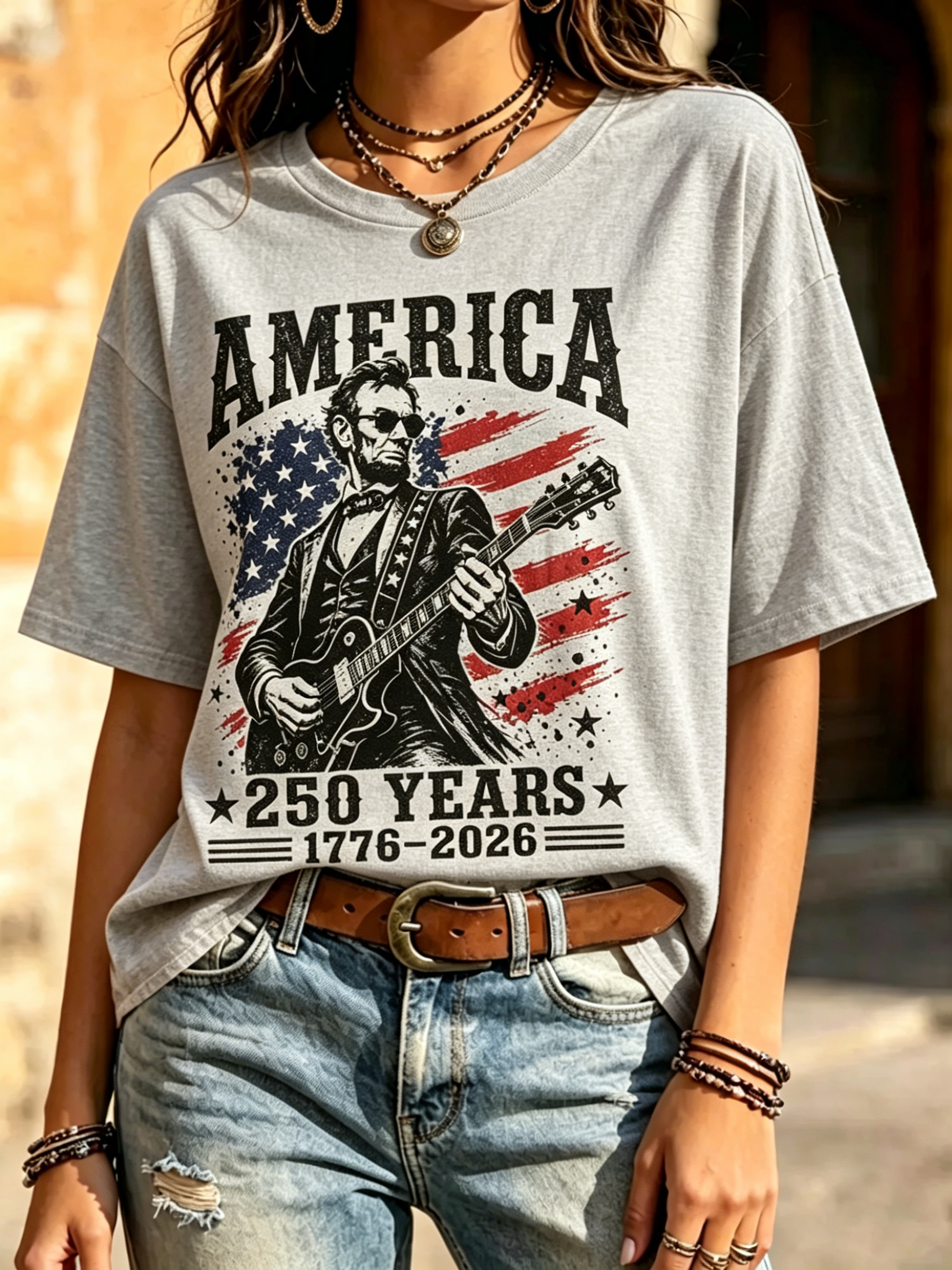 Distressed Retro Lincoln Guitar US Flag 250 Years 1776-2026 Print Crew Neck Patriotic Casual Short Sleeve T-Shirt