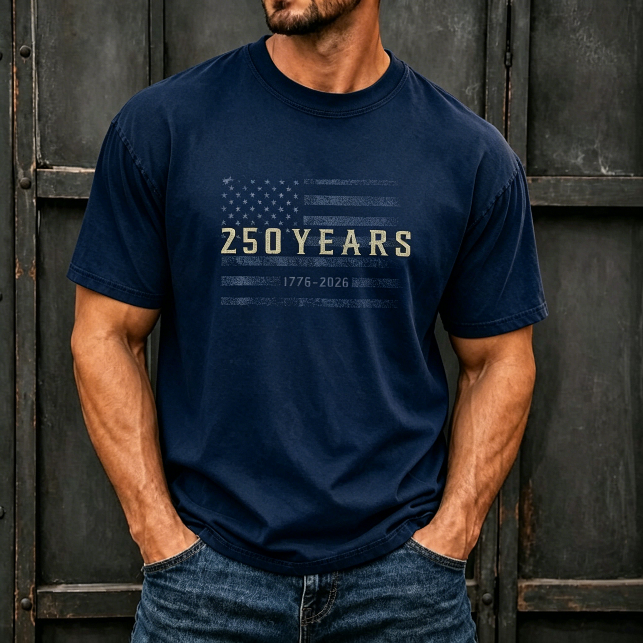 Minimal 250 Years USA Flag Patriotic Print Oversized Men Crew Neck Washed Short Sleeve Tee