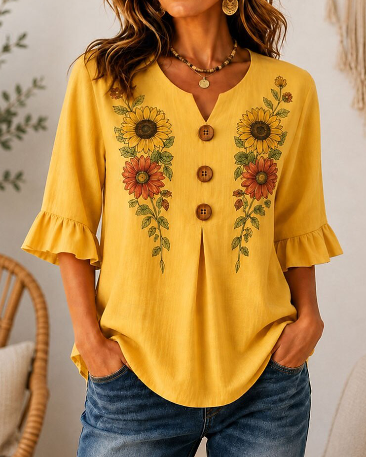 Boho Symmetric Sunflower Floral Print Notched V Neck Half Wooden Button Ruffle Three Quarter Sleeve Curved Hem Women Tunic Blouse