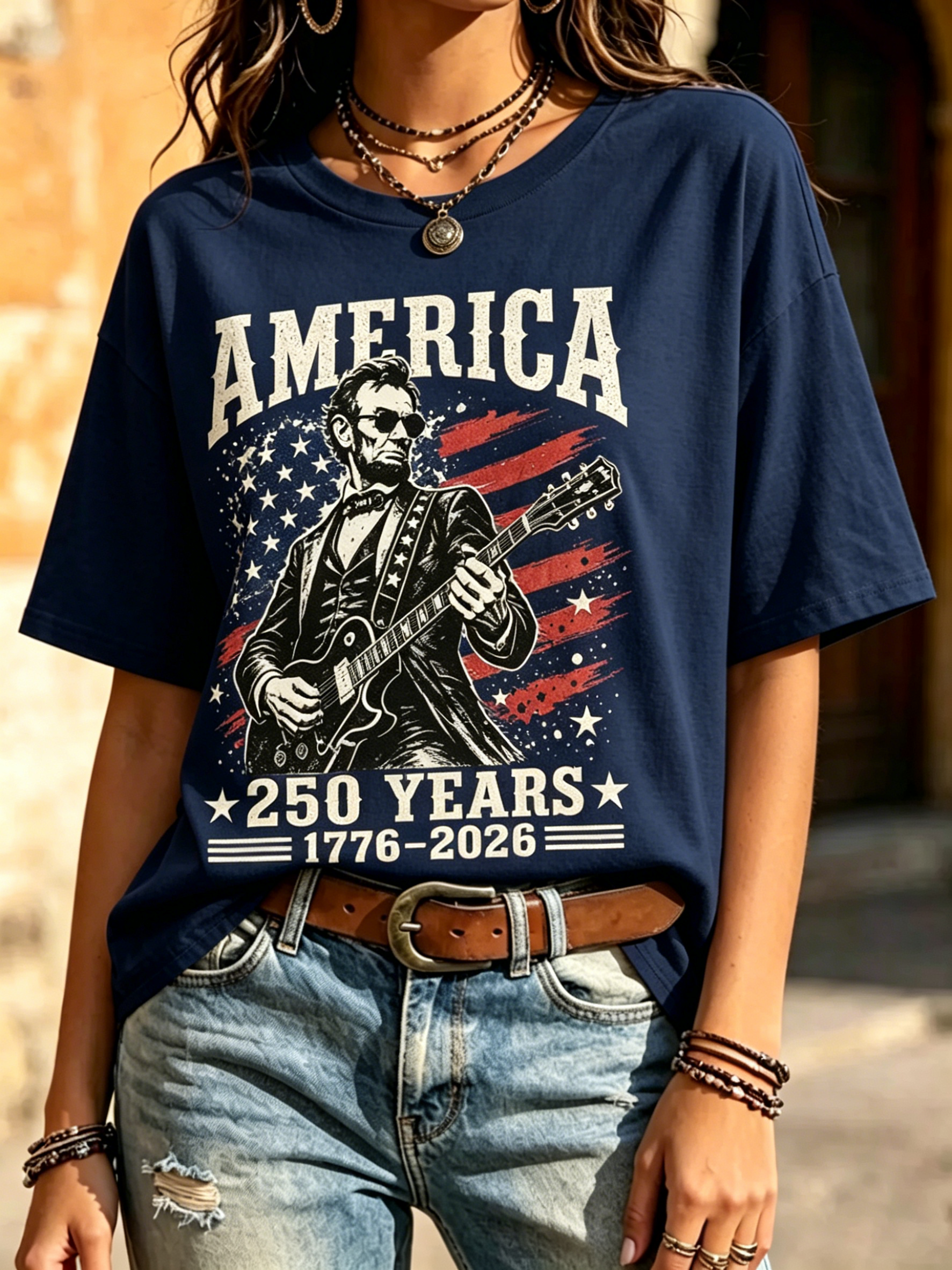 Distressed Retro Lincoln Guitar US Flag 250 Years 1776-2026 Print Crew Neck Patriotic Casual Short Sleeve T-Shirt