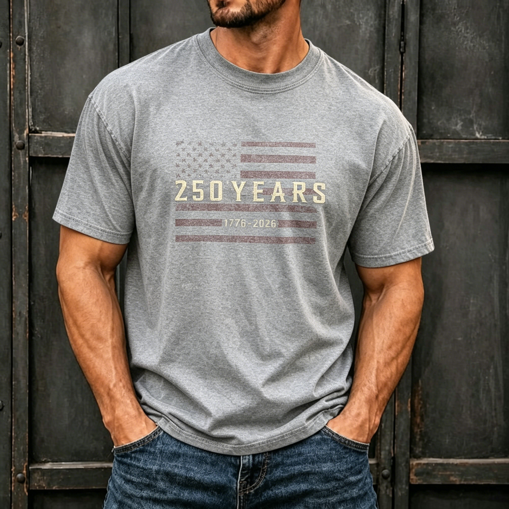 Minimal 250 Years USA Flag Patriotic Print Oversized Men Crew Neck Washed Short Sleeve Tee