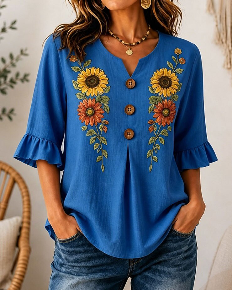 Boho Symmetric Sunflower Floral Print Notched V Neck Half Wooden Button Ruffle Three Quarter Sleeve Curved Hem Women Tunic Blouse