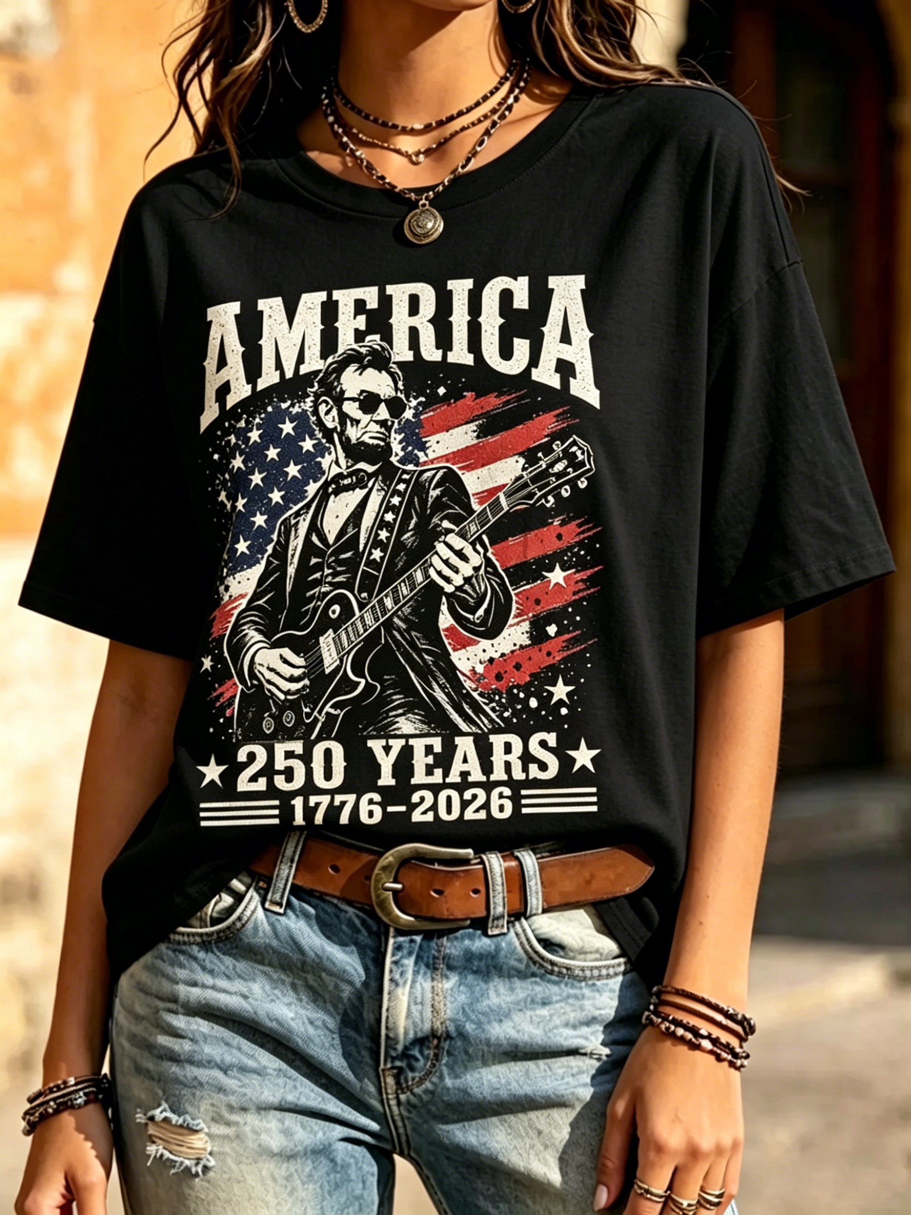 Distressed Retro Lincoln Guitar US Flag 250 Years 1776-2026 Print Crew Neck Patriotic Casual Short Sleeve T-Shirt