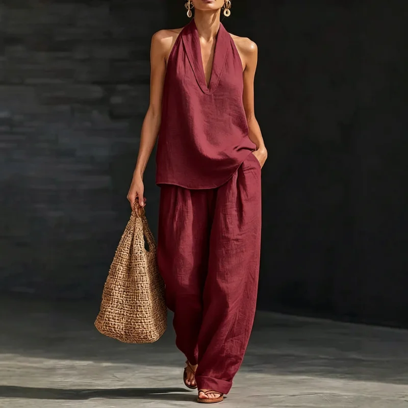 Linen Halter V Neck Sleeveless Top Cuffed Wide Leg Pant Two Piece Outfit Set for Women