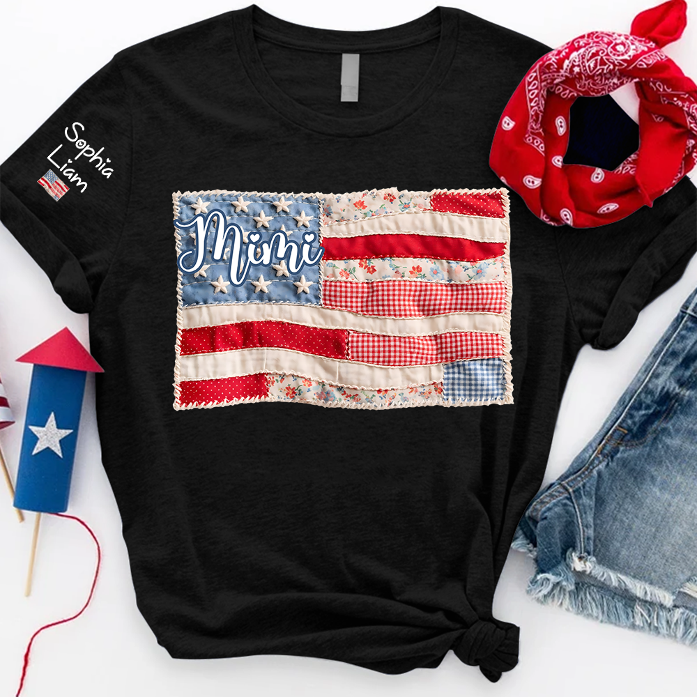 Mimi Shirt with Kids Names Patriotic Patchwork American Flag Design Custom Family Tee