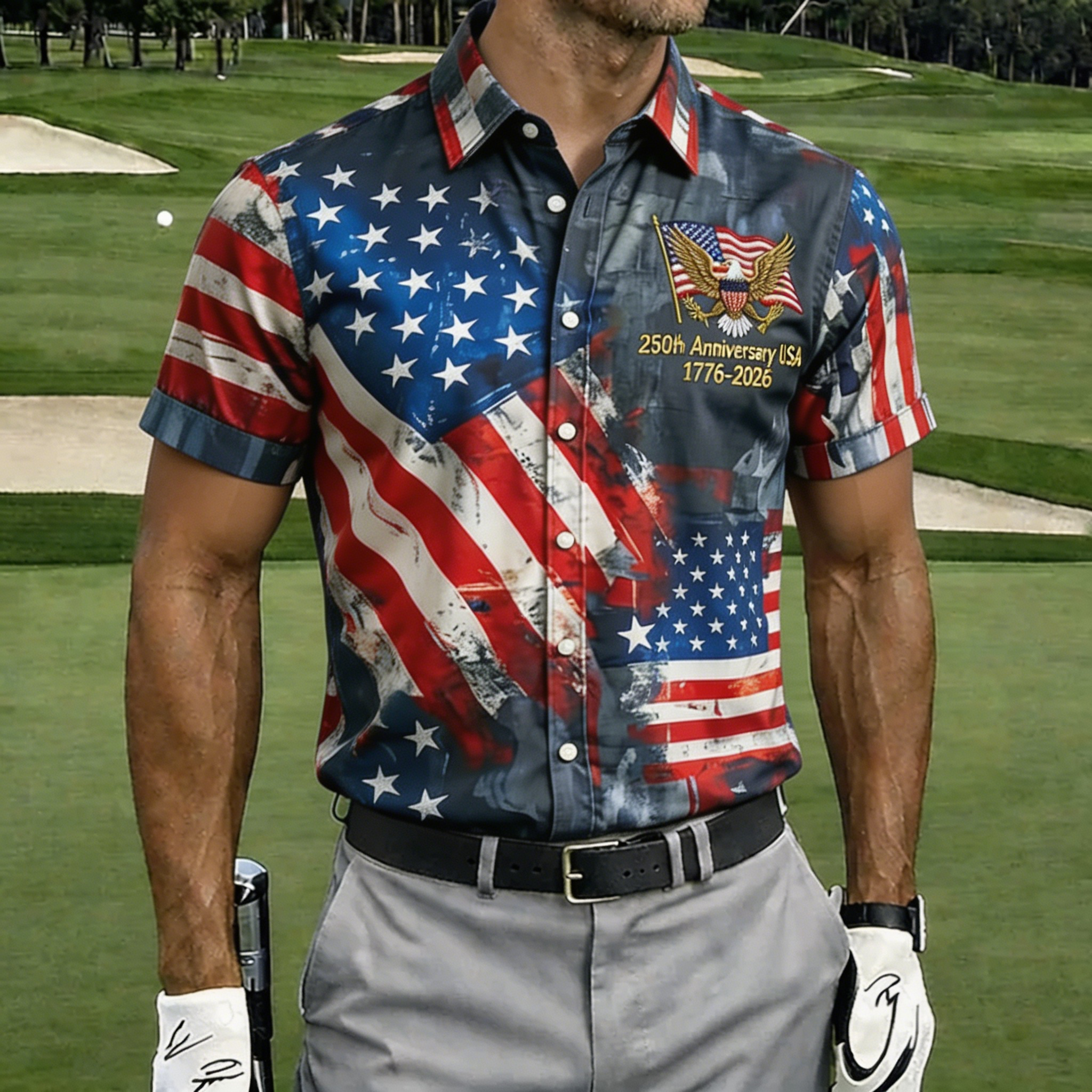 USA 250th Anniversary American Flag Golf Polo Shirt