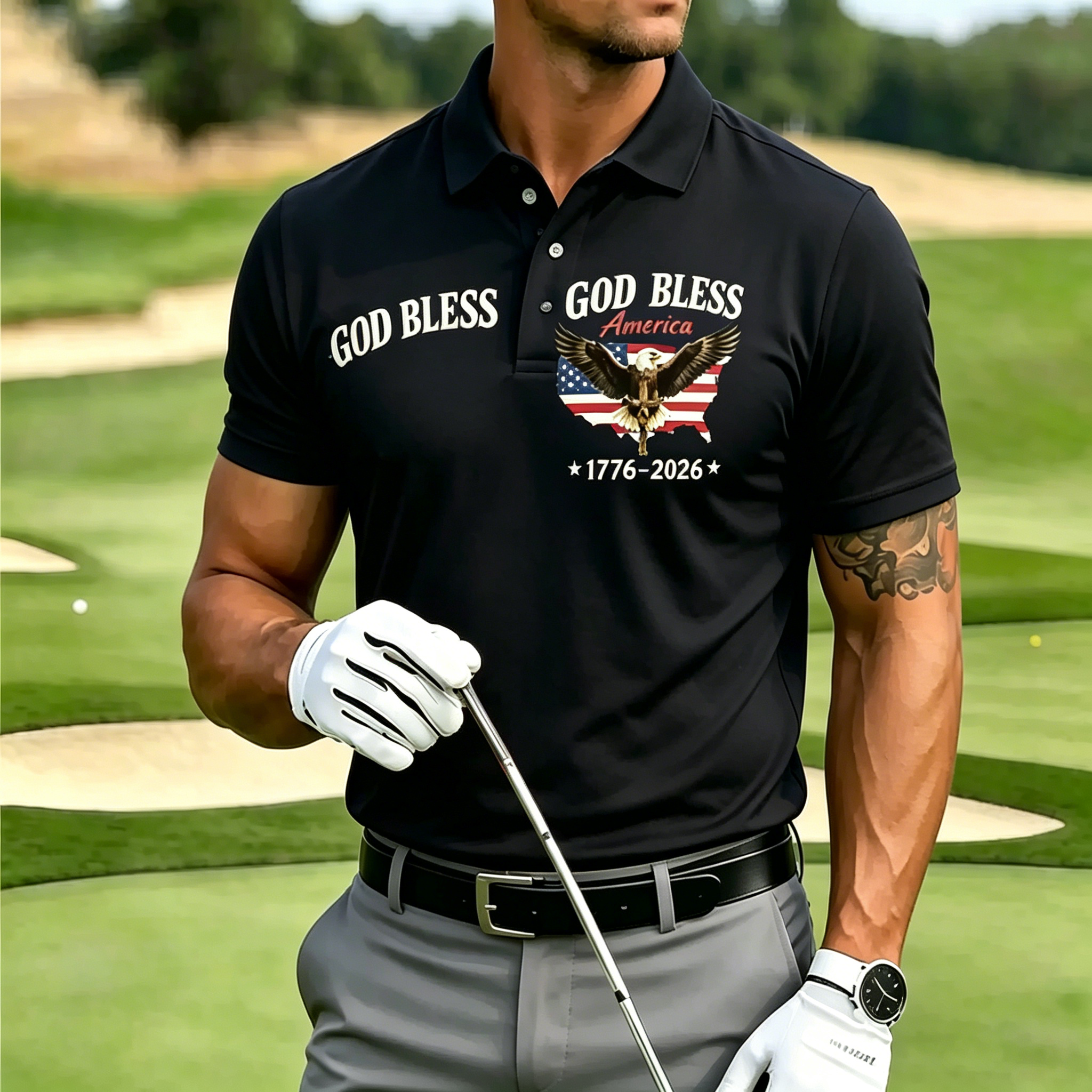 Men's God Bless America Eagle USA Flag 1776-2026 Patriotic Short Sleeve Polo Shirt