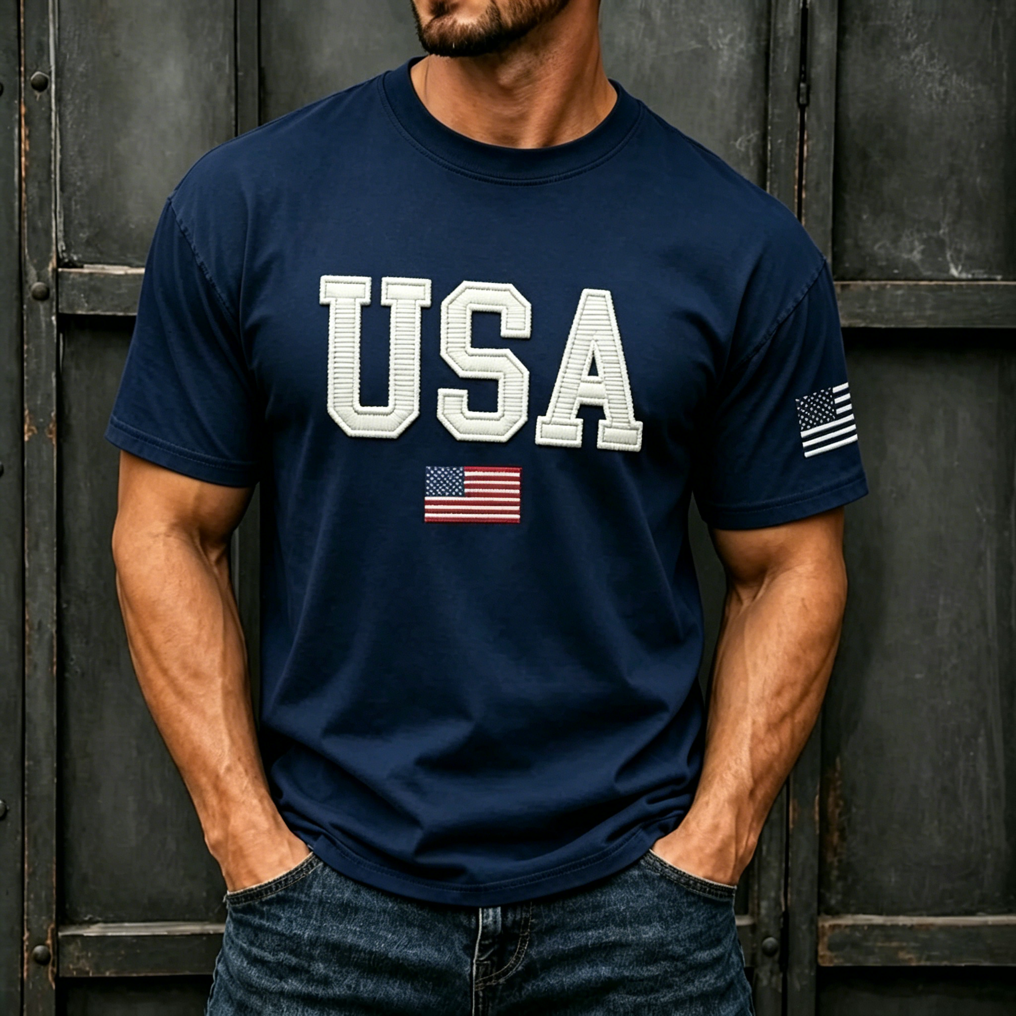 Varsity USA and American Flag Print Oversized Men Crew Neck Short Sleeve Tee