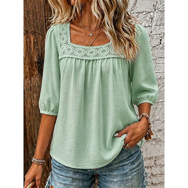 Vintage Square Neck Embroidery Trim Tiered Three Quarter Flare Sleeve Women Casual Blouse