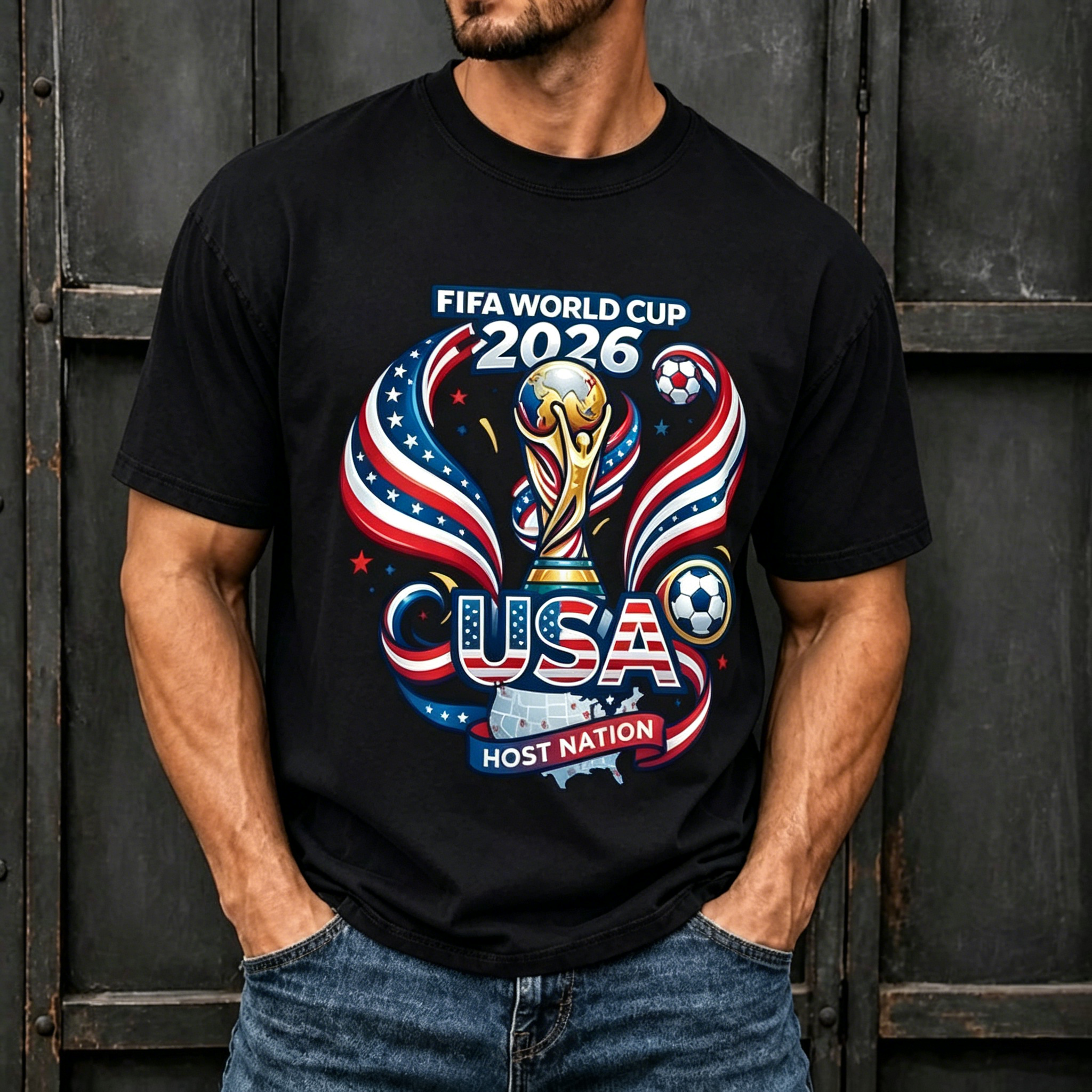 USA World Cup Host Trophy Star Ribbon Sports Graphic Crew Neck T-Shirt for Men