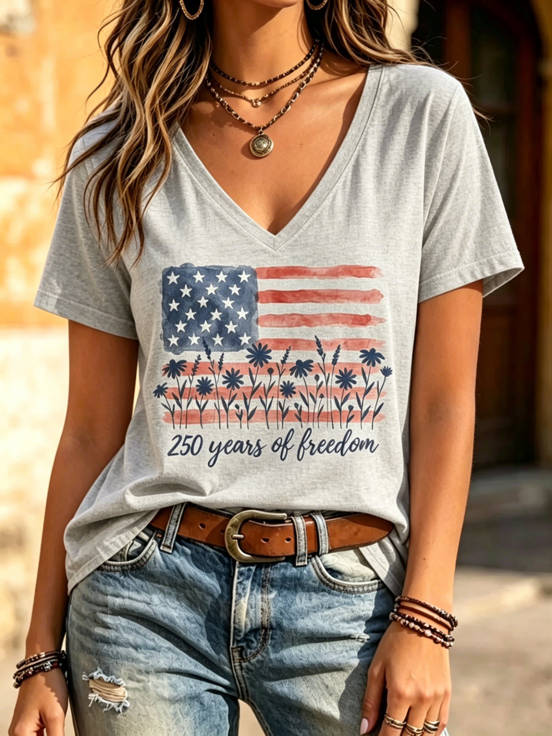 Boho Watercolor Daisy Flag Print V Neck Short Sleeve USA 250 Years Of Freedom Patriotic Casual Women T-Shirt