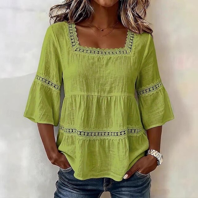 Vintage Square Neck Embroidery Trim Tiered Three Quarter Flare Sleeve Women Casual Blouse