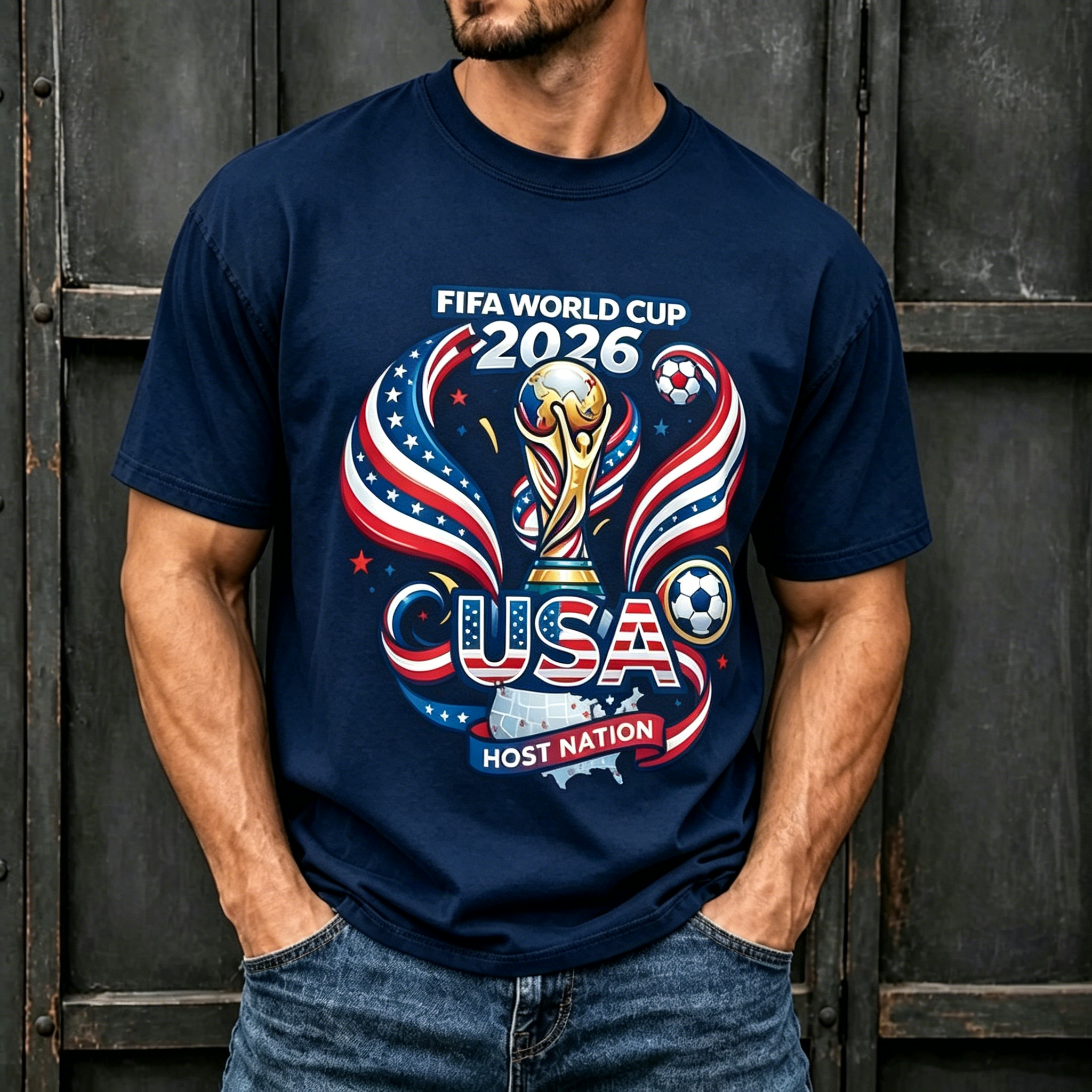 USA World Cup Host Trophy Star Ribbon Sports Graphic Crew Neck T-Shirt for Men