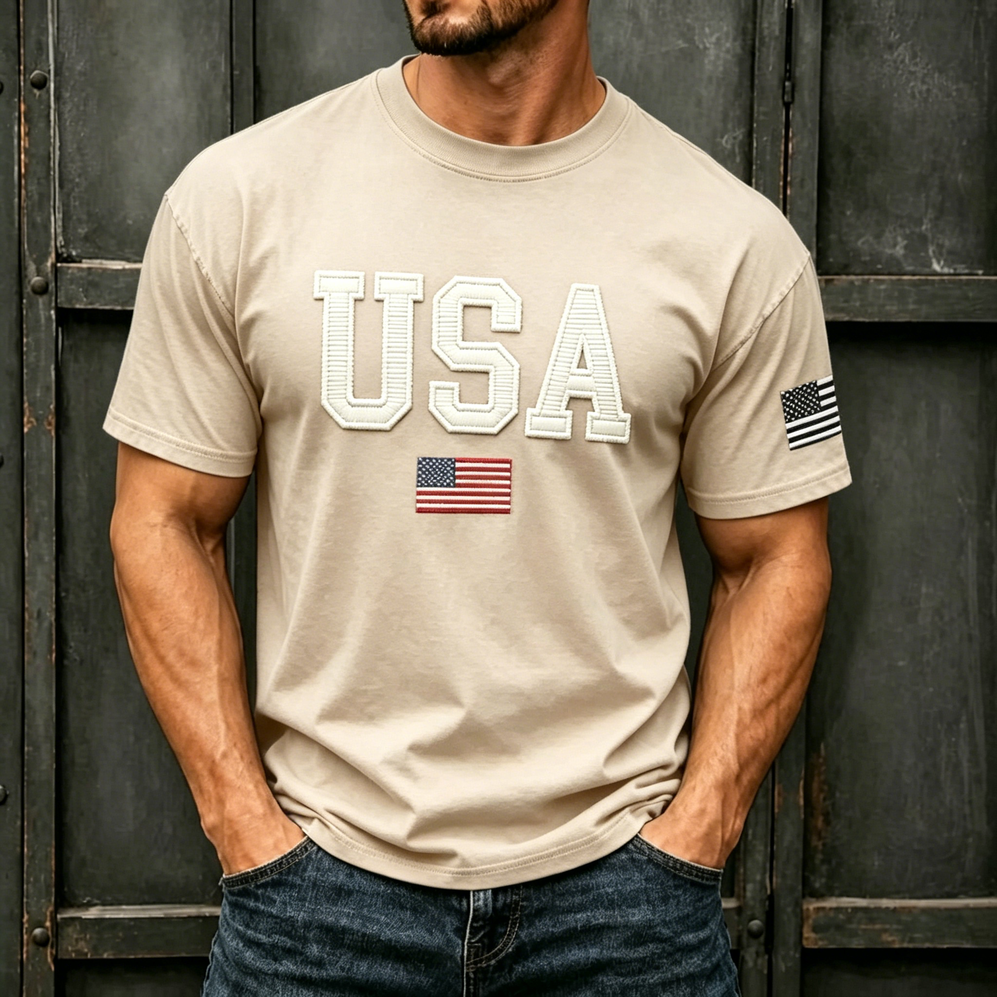Varsity USA and American Flag Print Oversized Men Crew Neck Short Sleeve Tee