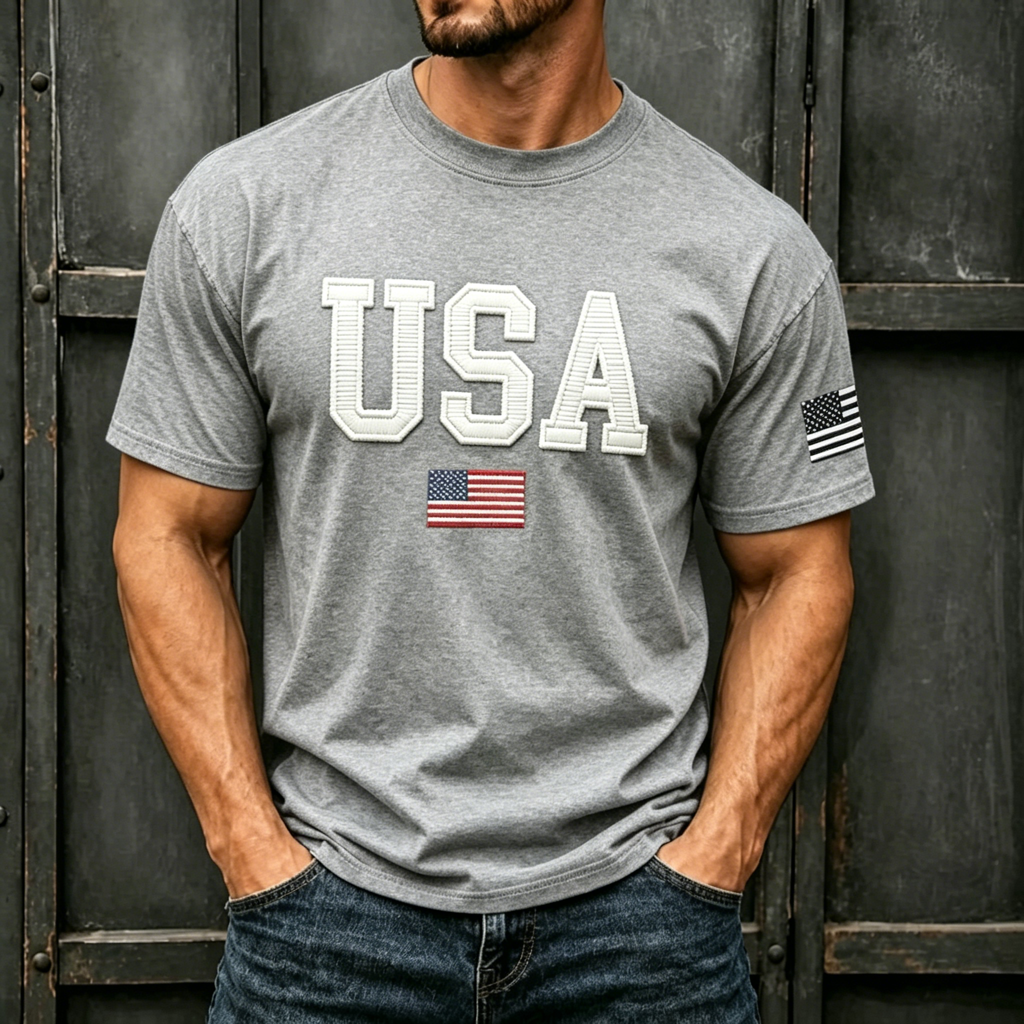 Varsity USA and American Flag Print Oversized Men Crew Neck Short Sleeve Tee