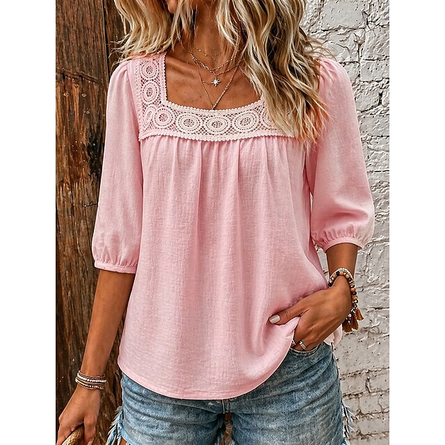 Vintage Square Neck Embroidery Trim Tiered Three Quarter Flare Sleeve Women Casual Blouse
