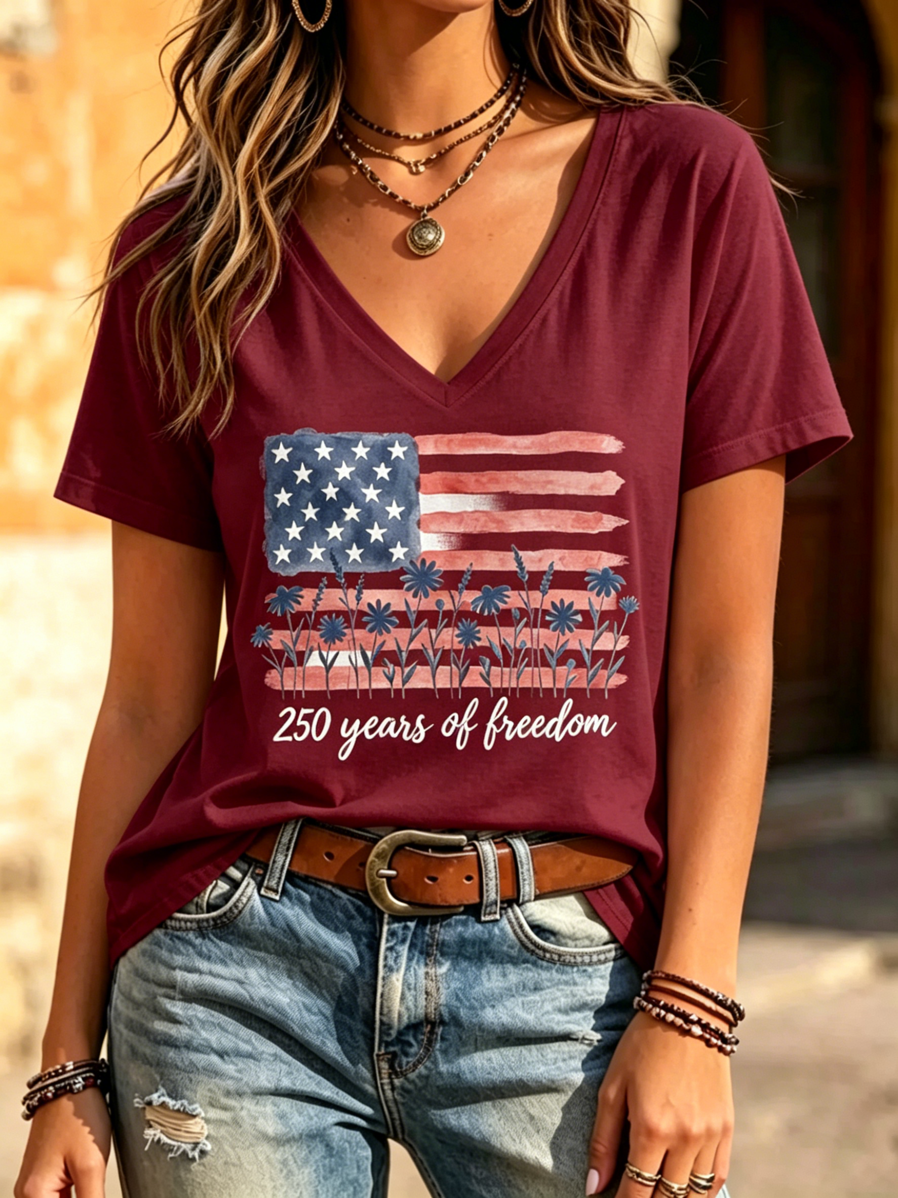 Boho Watercolor Daisy Flag Print V Neck Short Sleeve USA 250 Years Of Freedom Patriotic Casual Women T-Shirt