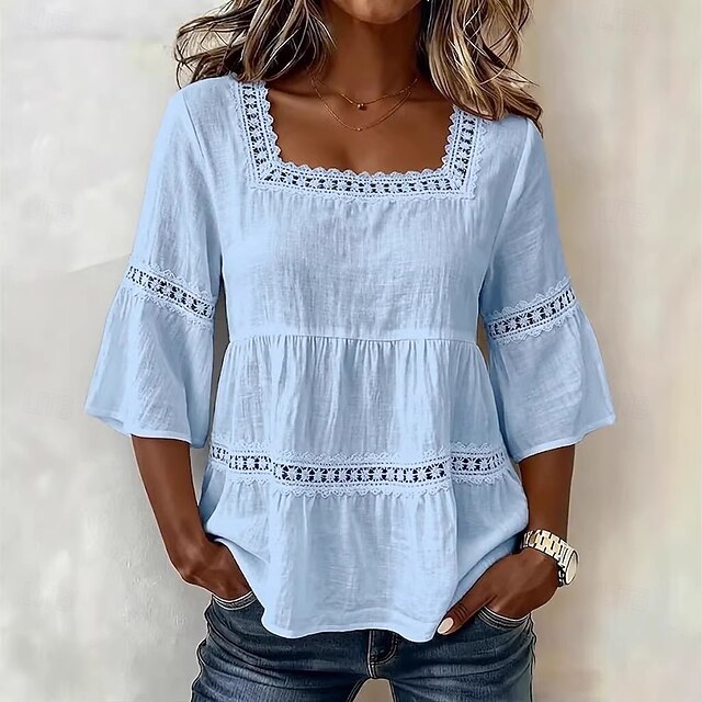 Vintage Square Neck Embroidery Trim Tiered Three Quarter Flare Sleeve Women Casual Blouse