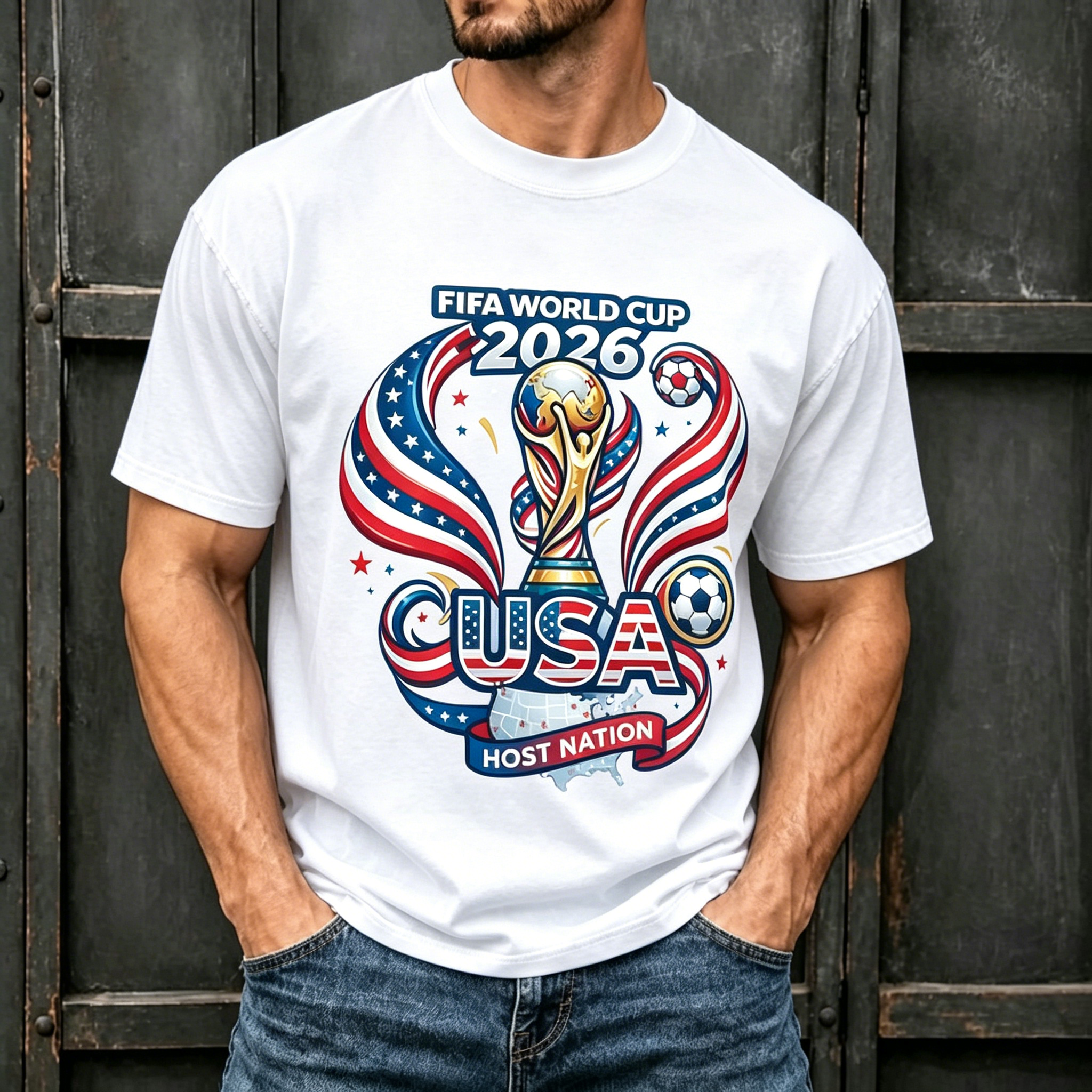 USA World Cup Host Trophy Star Ribbon Sports Graphic Crew Neck T-Shirt for Men