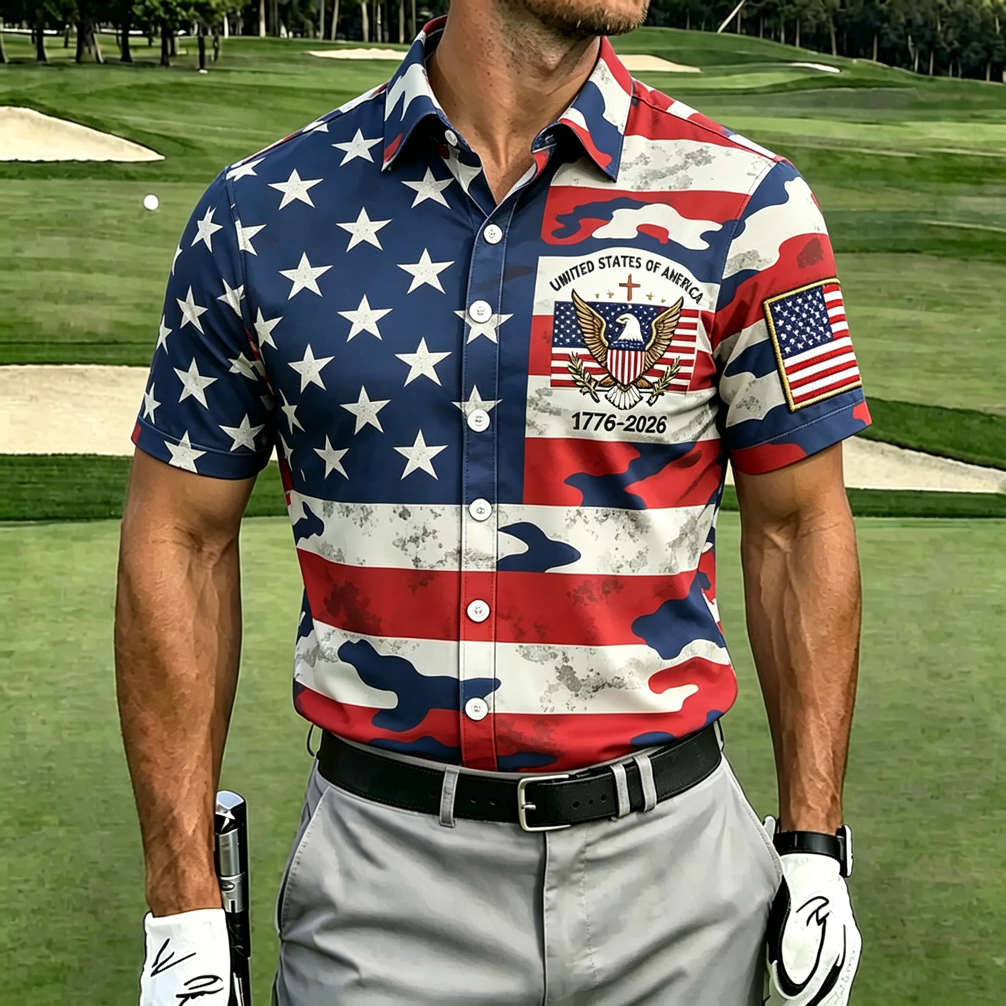 USA 250th Anniversary Denim Button-Down Shirt – Vintage American Flag & Eagle Print, Patriotic Short Sleeve Casual Top