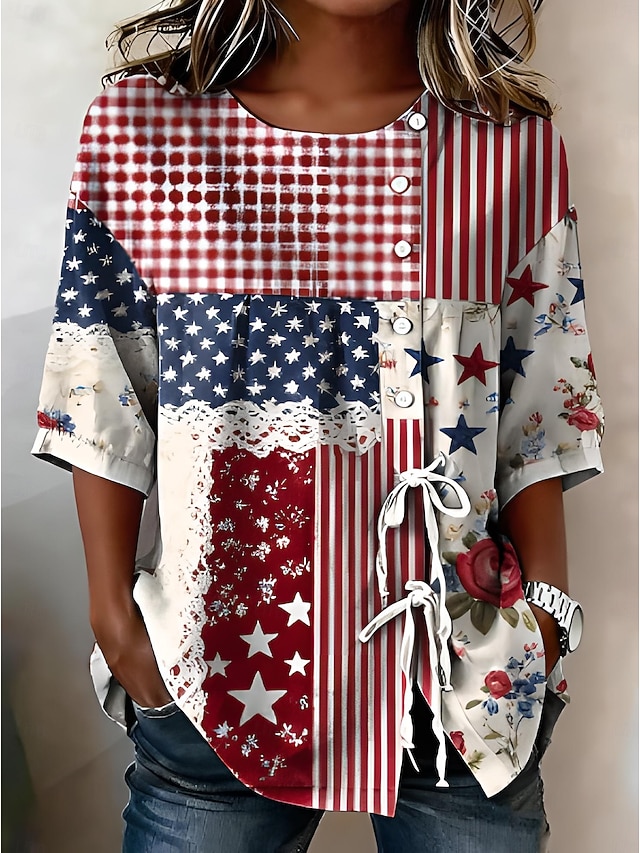 American Independence Day Women's Shirt – Buttons Print Graphic, Long Sleeve Shirt Collar
