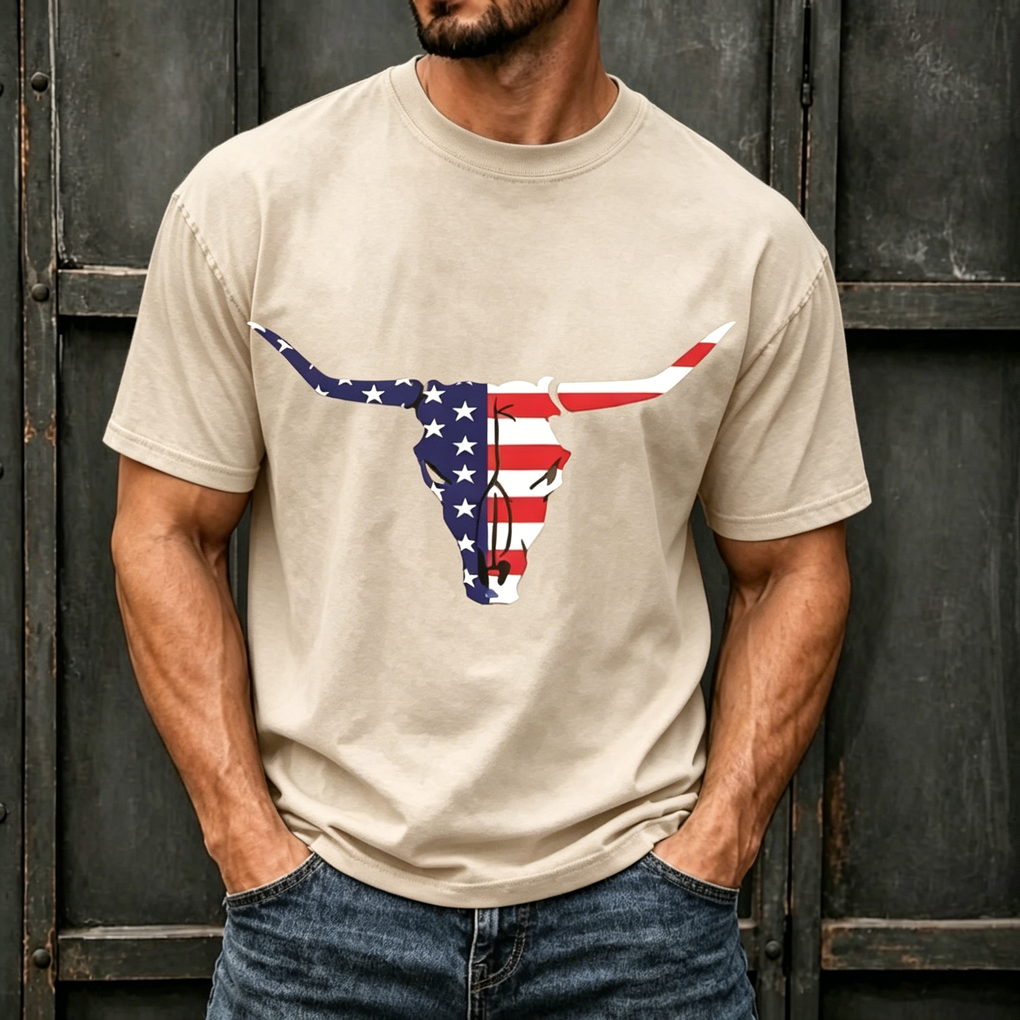 Western American Flag Longhorn Skull Patriotic Print Crew Neck Loose Fit Men Oversized Casual Independence Day Tee