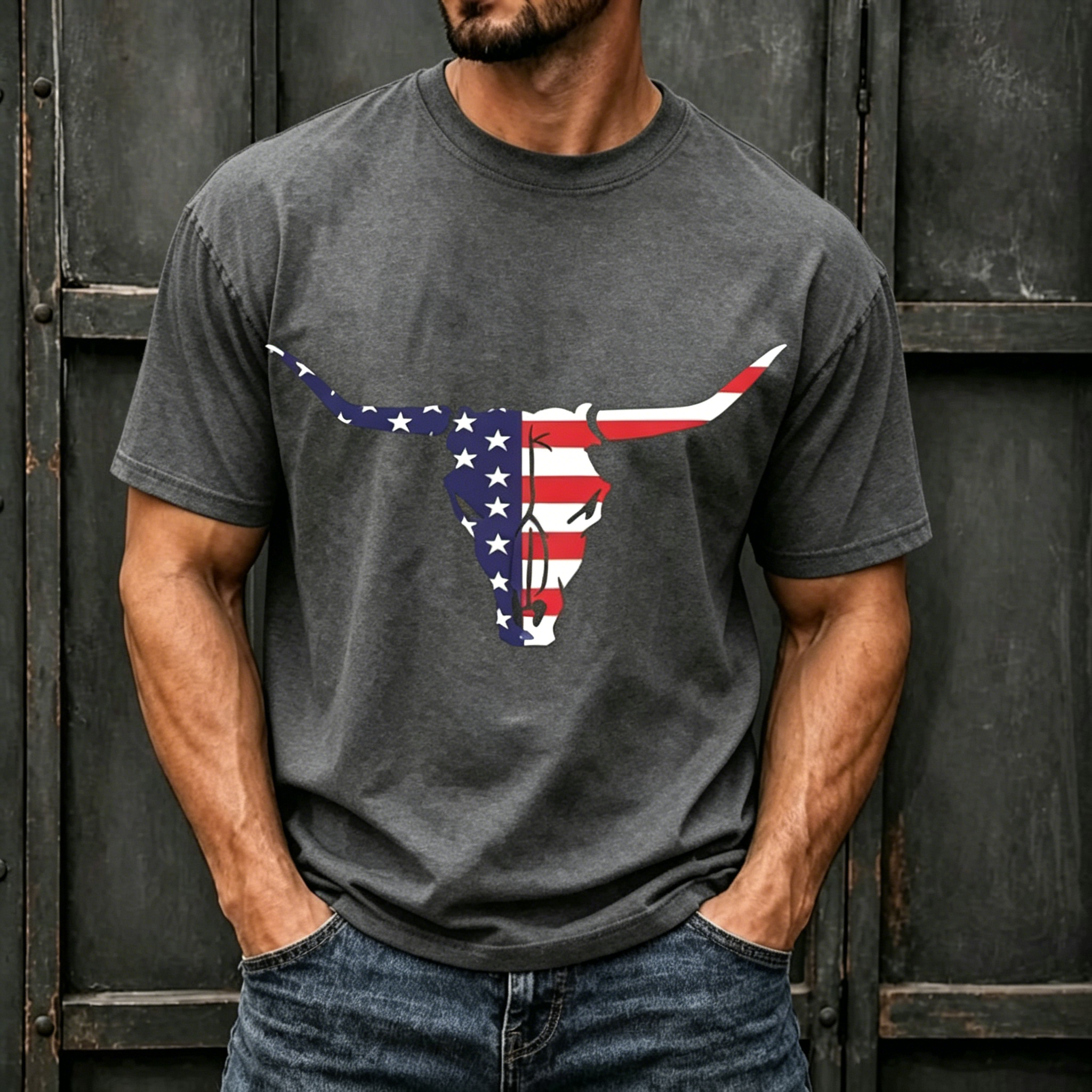 Western American Flag Longhorn Skull Patriotic Print Crew Neck Loose Fit Men Oversized Casual Independence Day Tee