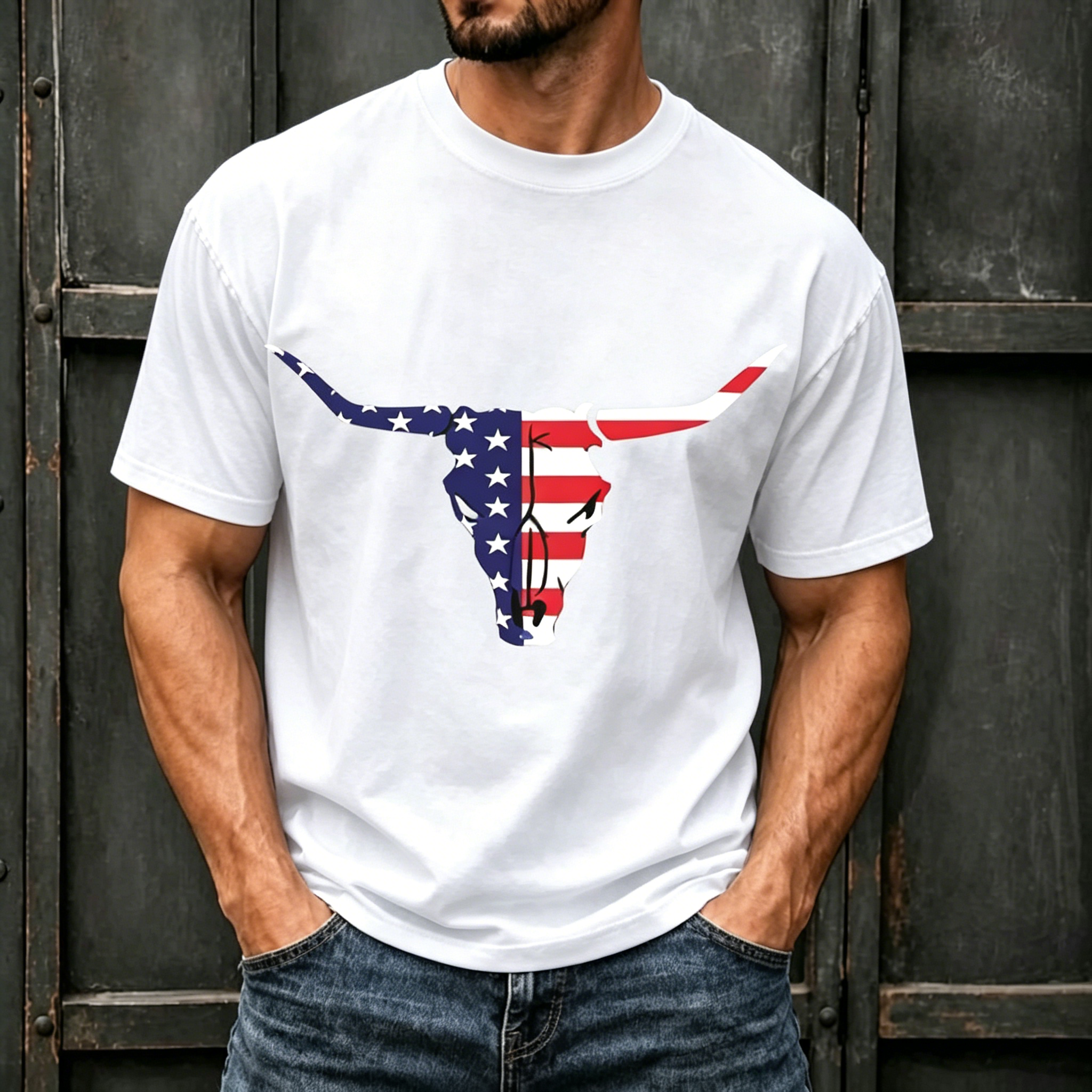Western American Flag Longhorn Skull Patriotic Print Crew Neck Loose Fit Men Oversized Casual Independence Day Tee