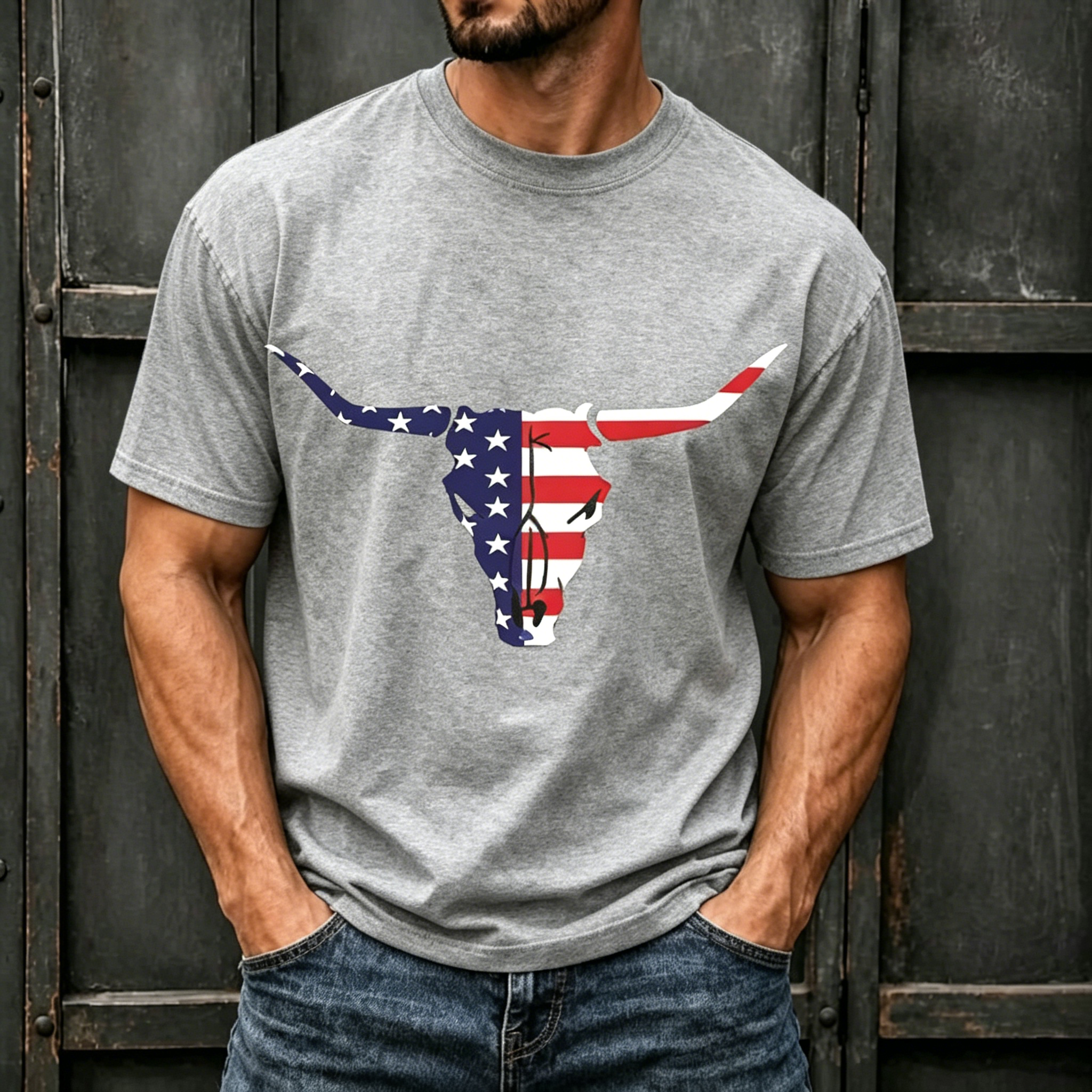 Western American Flag Longhorn Skull Patriotic Print Crew Neck Loose Fit Men Oversized Casual Independence Day Tee