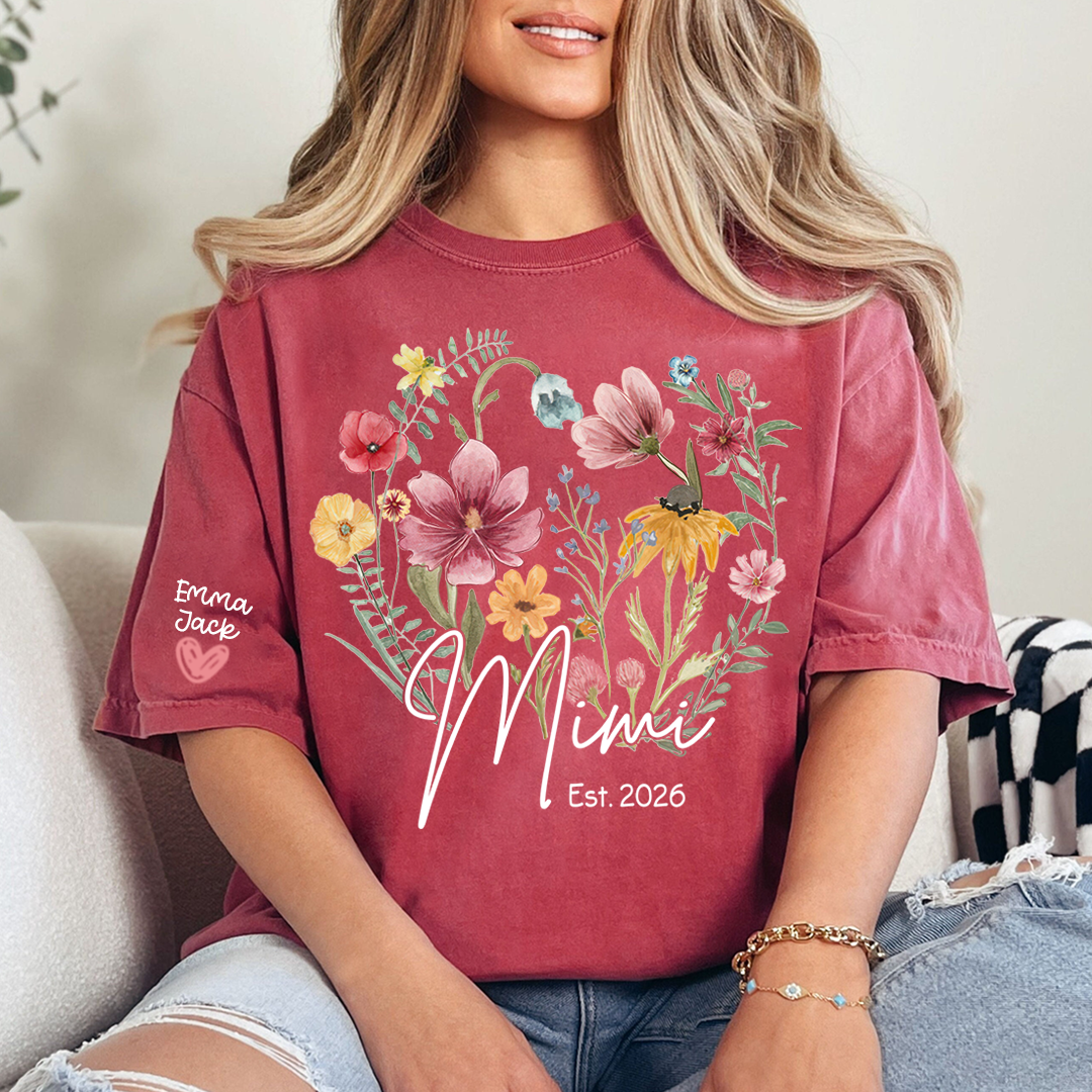Mimi Est T-Shirt Personalized with Grandkids Names, Wildflower Floral Family Tee