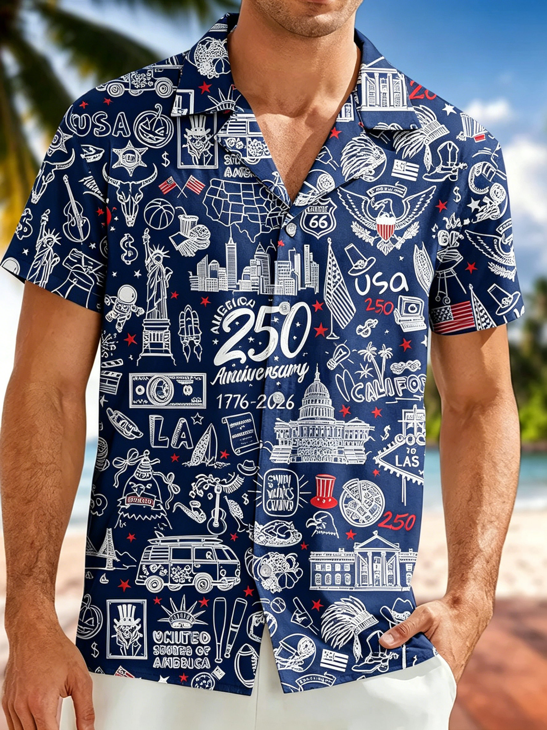 USA Themed Doodle Print Camp Collar Shirt, Patriotic Landmark Short Sleeve Aloha Shirt