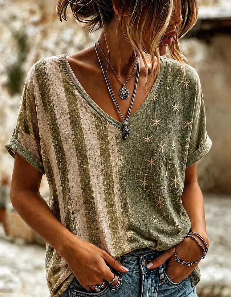 Retro Distressed Textured Patriotic Star Stripes Loose Fit Ladies Summer Top