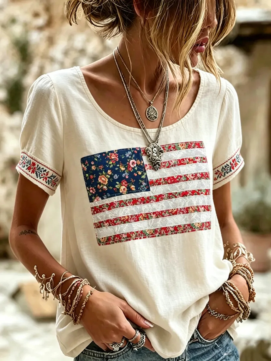 Trendy Boho Trim Cuff Round Neck Flag Print Loose Women Casual Summer Tee