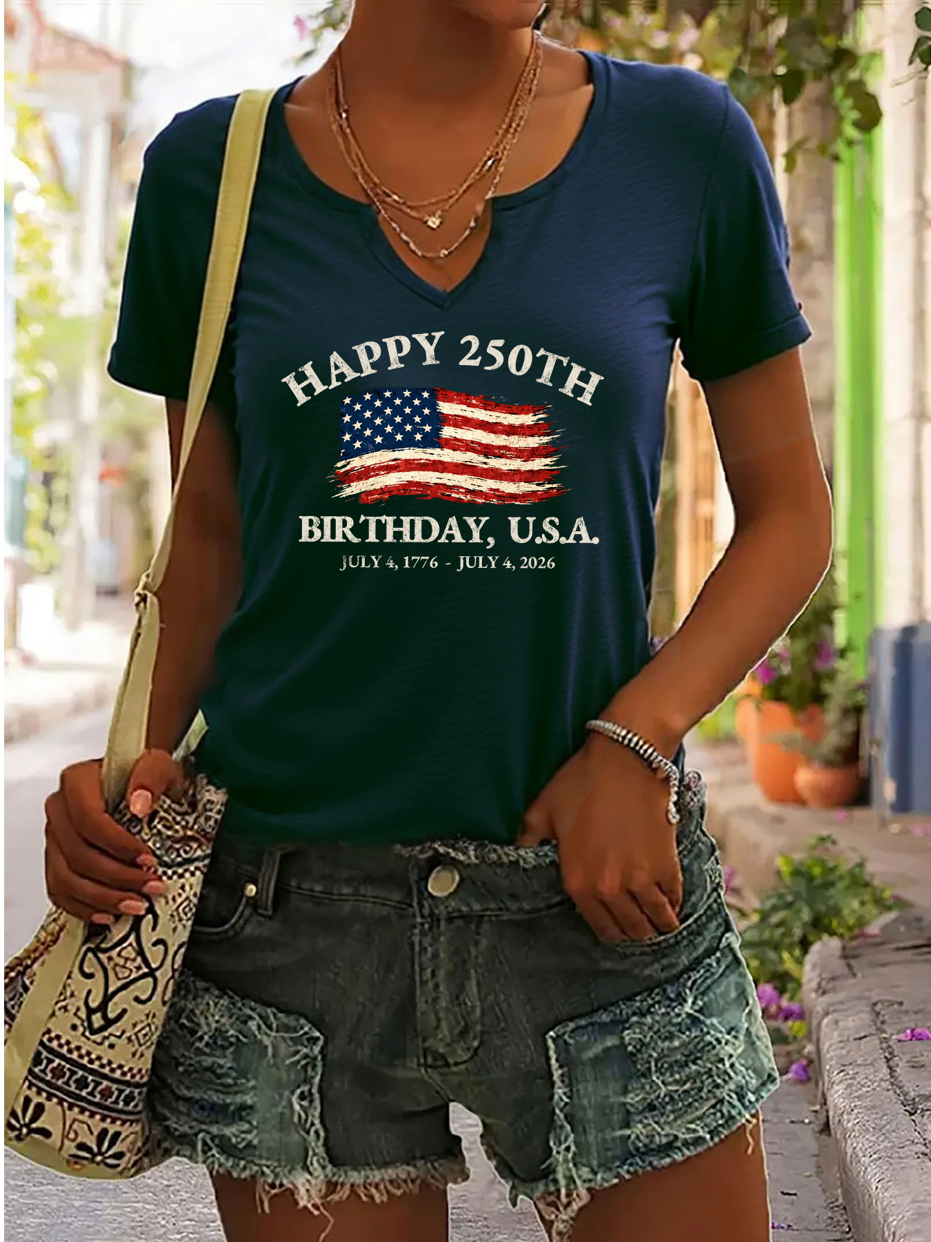 USA 250th Birthday V-Neck T-Shirt – "Happy 250th Birthday, U.S.A." with Distressed American Flag Print, Casual Green Short Sleeve Top