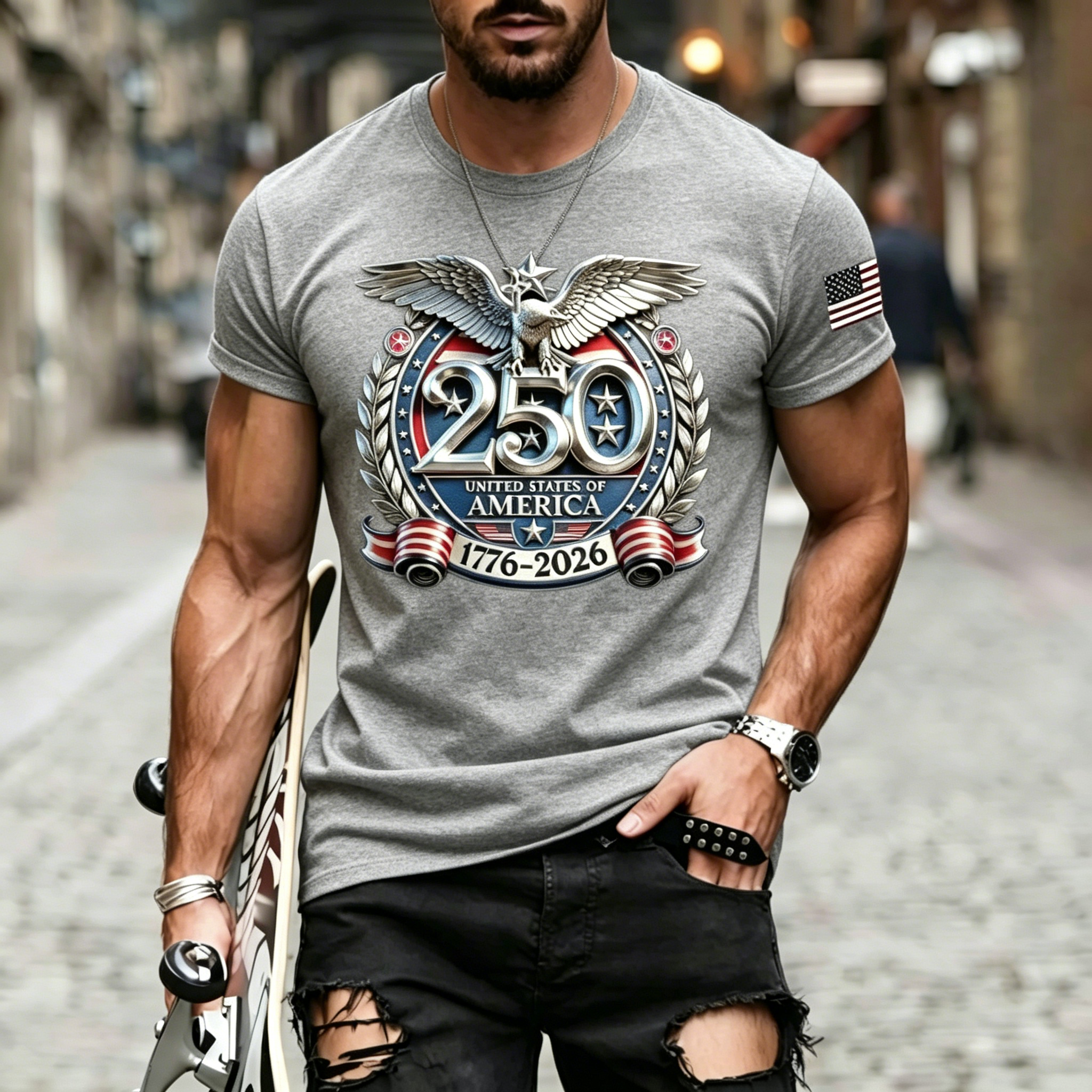 Patriotic Eagle Crest 250th USA Anniversary 1776-2026 Print Crew Neck Loose Fit Men Oversized Casual Independence Day Tee