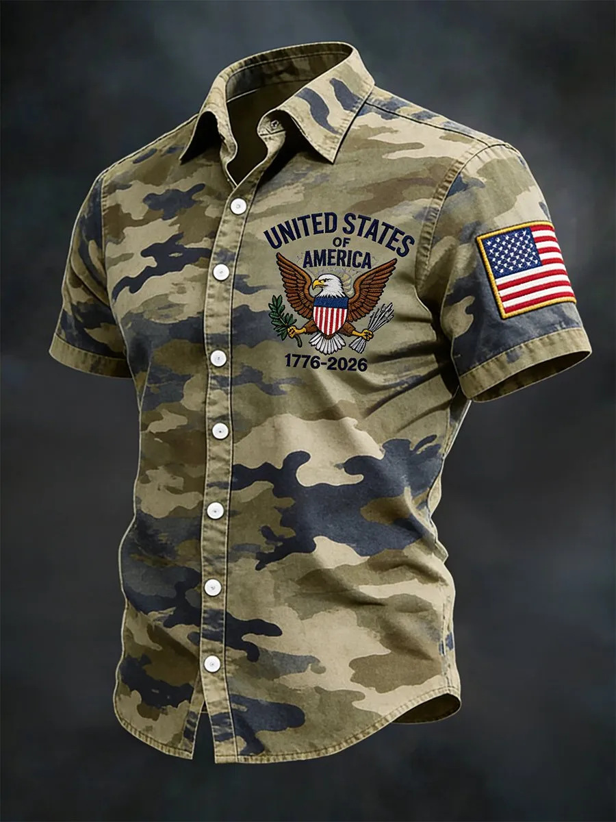 USA 250th Anniversary Denim Button-Down Shirt – Vintage American Flag & Eagle Print, Patriotic Short Sleeve Casual Top