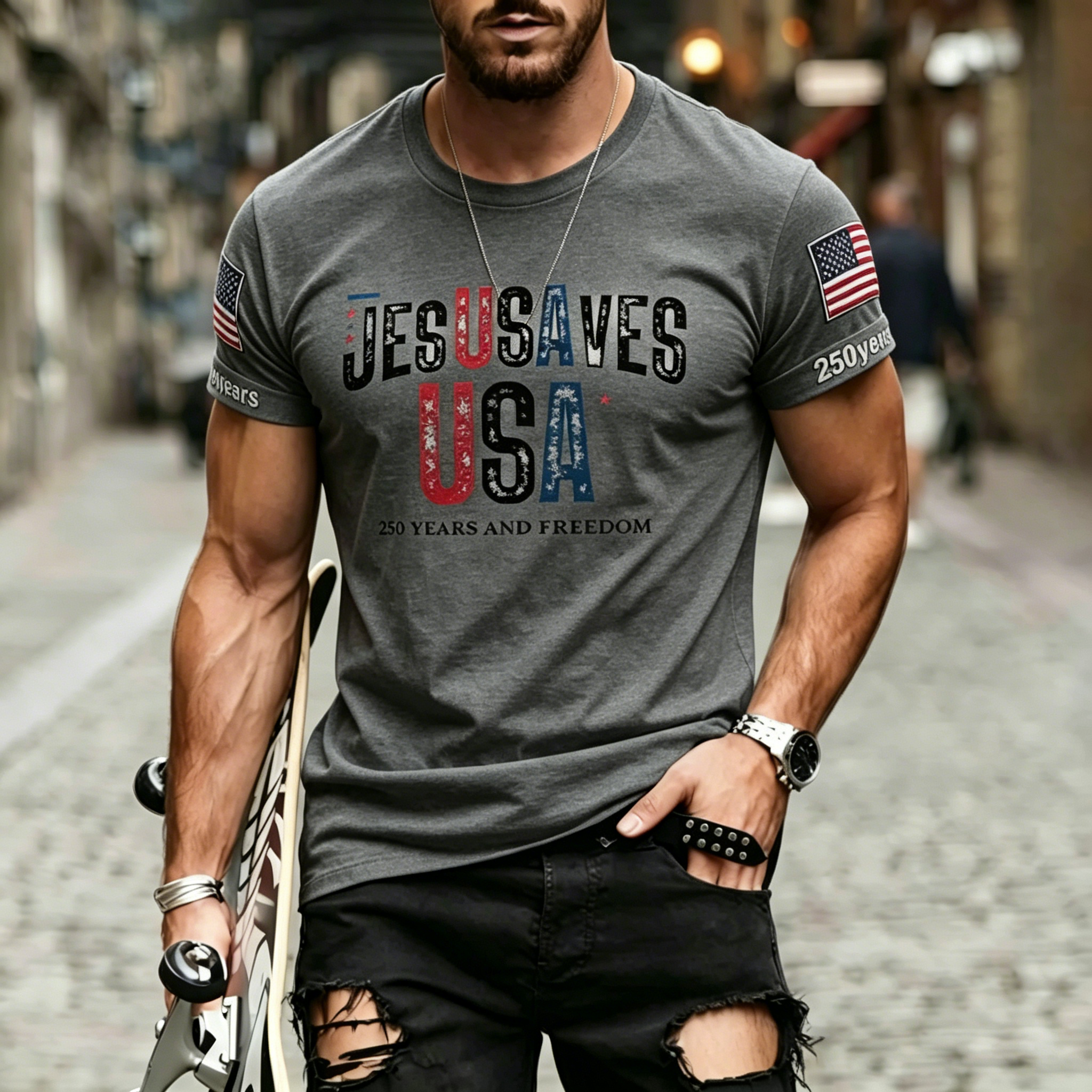 Jesus Saves USA 250 Years of Freedom Print Crew Neck Oversized Men Casual Short Sleeve T-Shirt