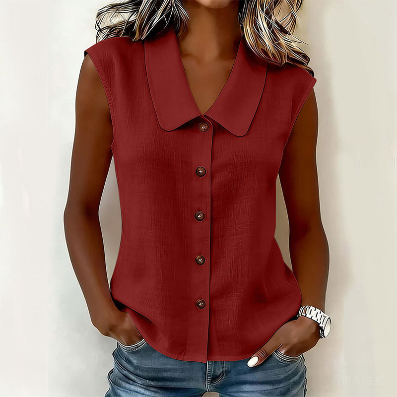 Lapel Collar Sleeveless Button Front Solid Linen Casual Blouse Top
