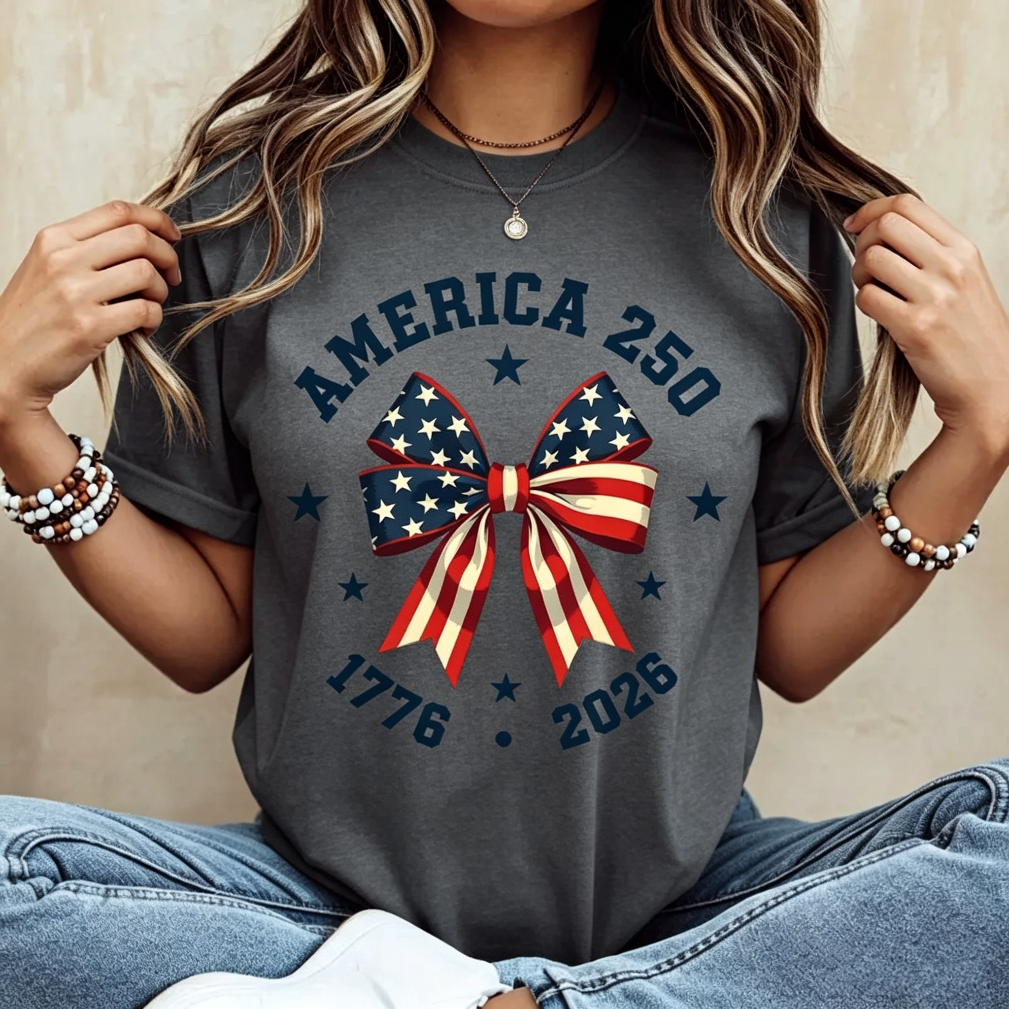 America 250 Stars And Stripes Bow Print T-Shirt