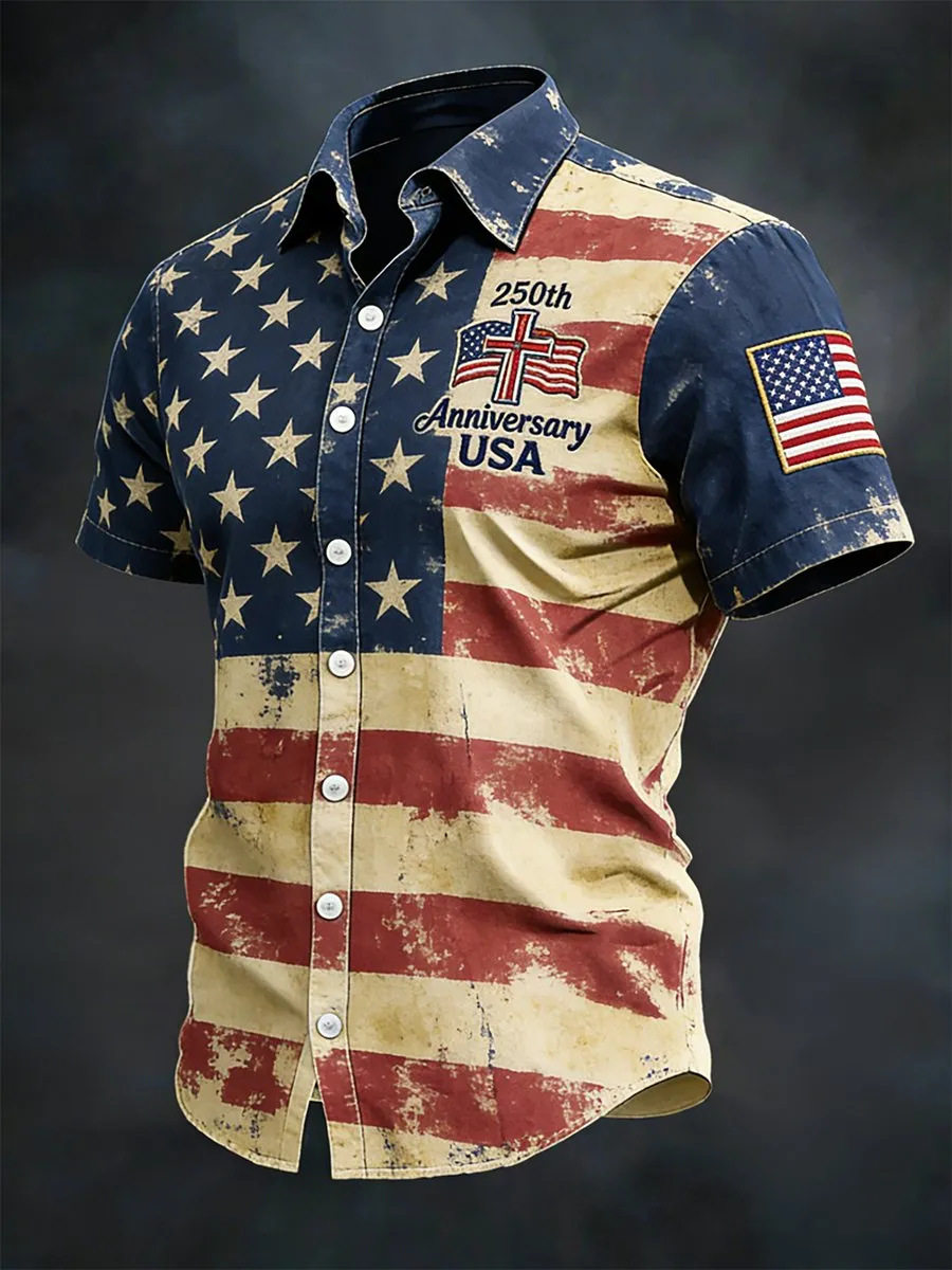 USA 250th Anniversary Denim Button-Down Shirt – Vintage American Flag & Eagle Print, Patriotic Short Sleeve Casual Top