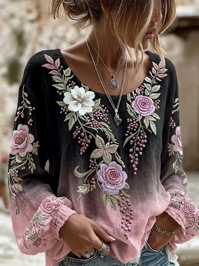 🌸 Boho Floral Embroidered Ombre Blouse