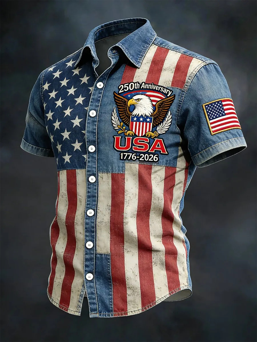 USA 250th Anniversary Denim Button-Down Shirt – Vintage American Flag & Eagle Print, Patriotic Short Sleeve Casual Top
