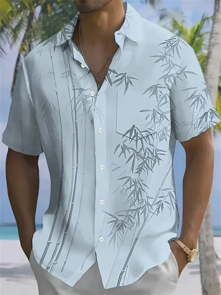 Minimal Ink Wash Bamboo Pattern Casual Shirt for Men, Breathable Relax Fit Daily Travel Holiday Short Sleeve Blouse
