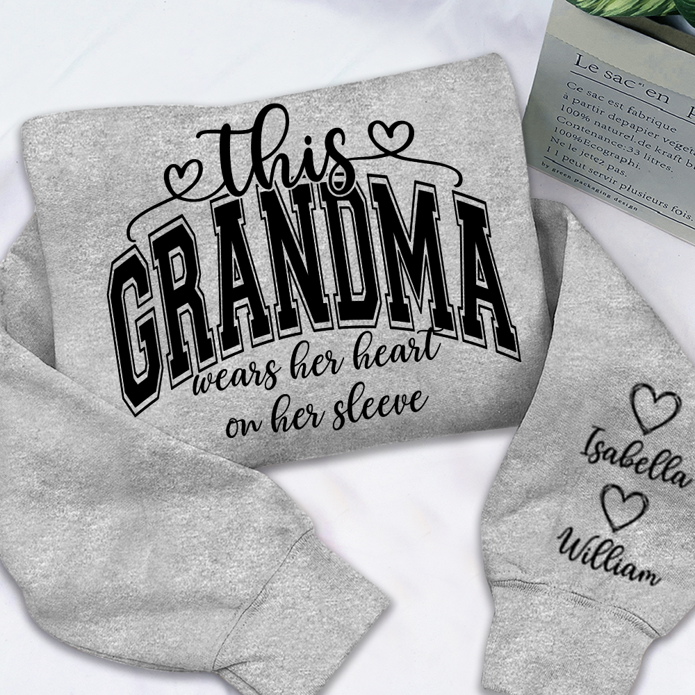 Personalized Grandma Sweatshirt – Custom Grandkids Names Heart on Sleeve Gift for Grandma