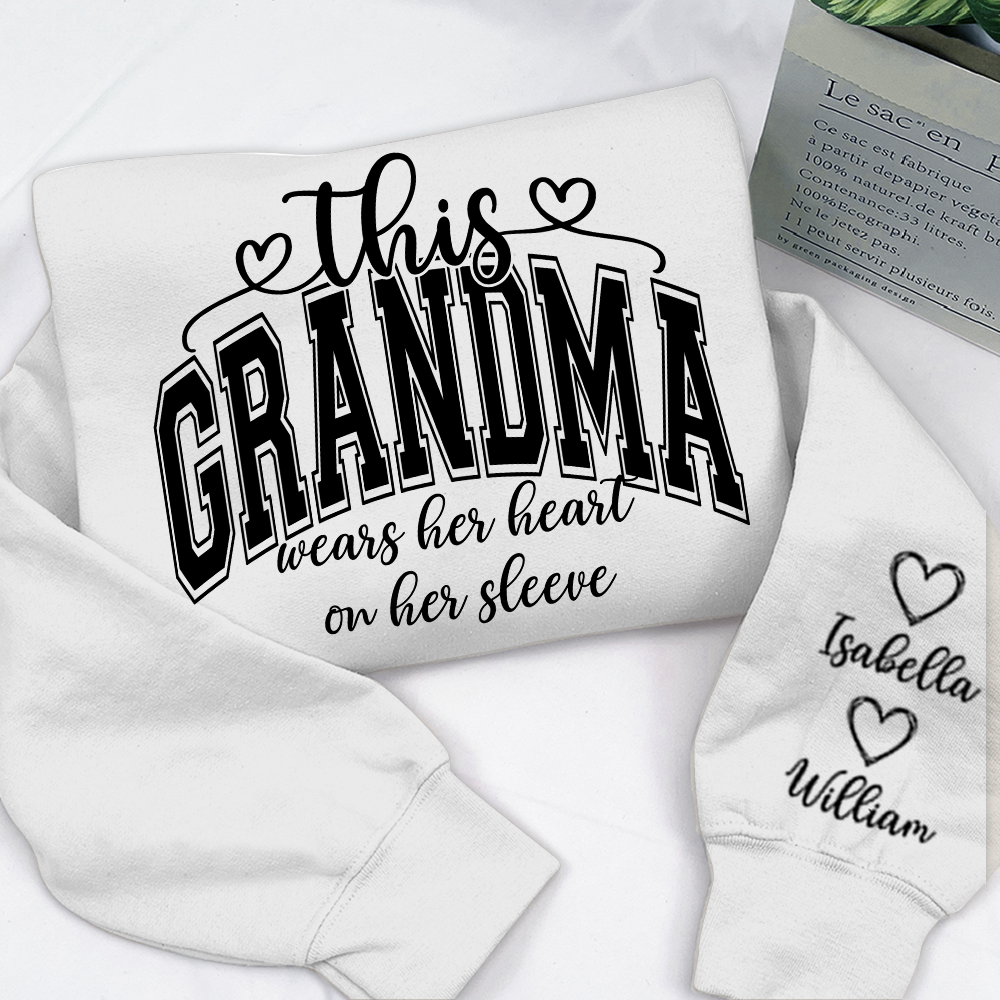 Personalized Grandma Sweatshirt – Custom Grandkids Names Heart on Sleeve Gift for Grandma