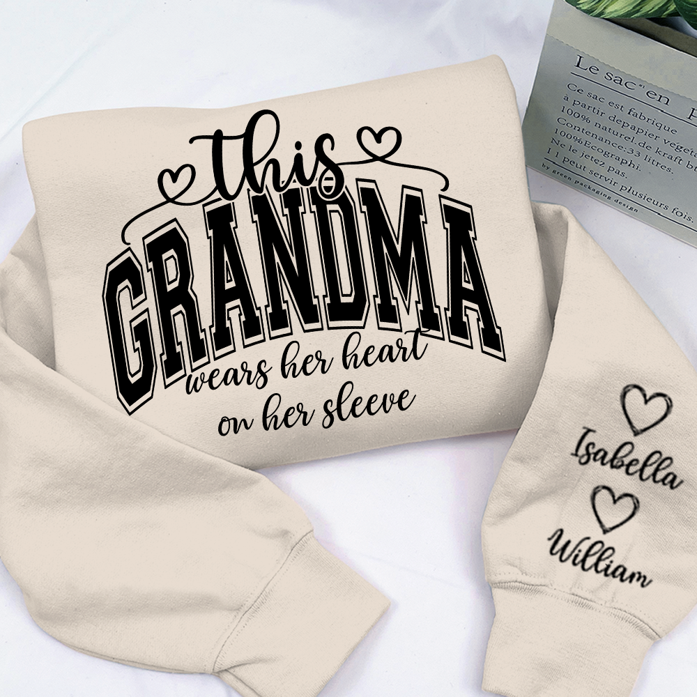 Personalized Grandma Sweatshirt – Custom Grandkids Names Heart on Sleeve Gift for Grandma