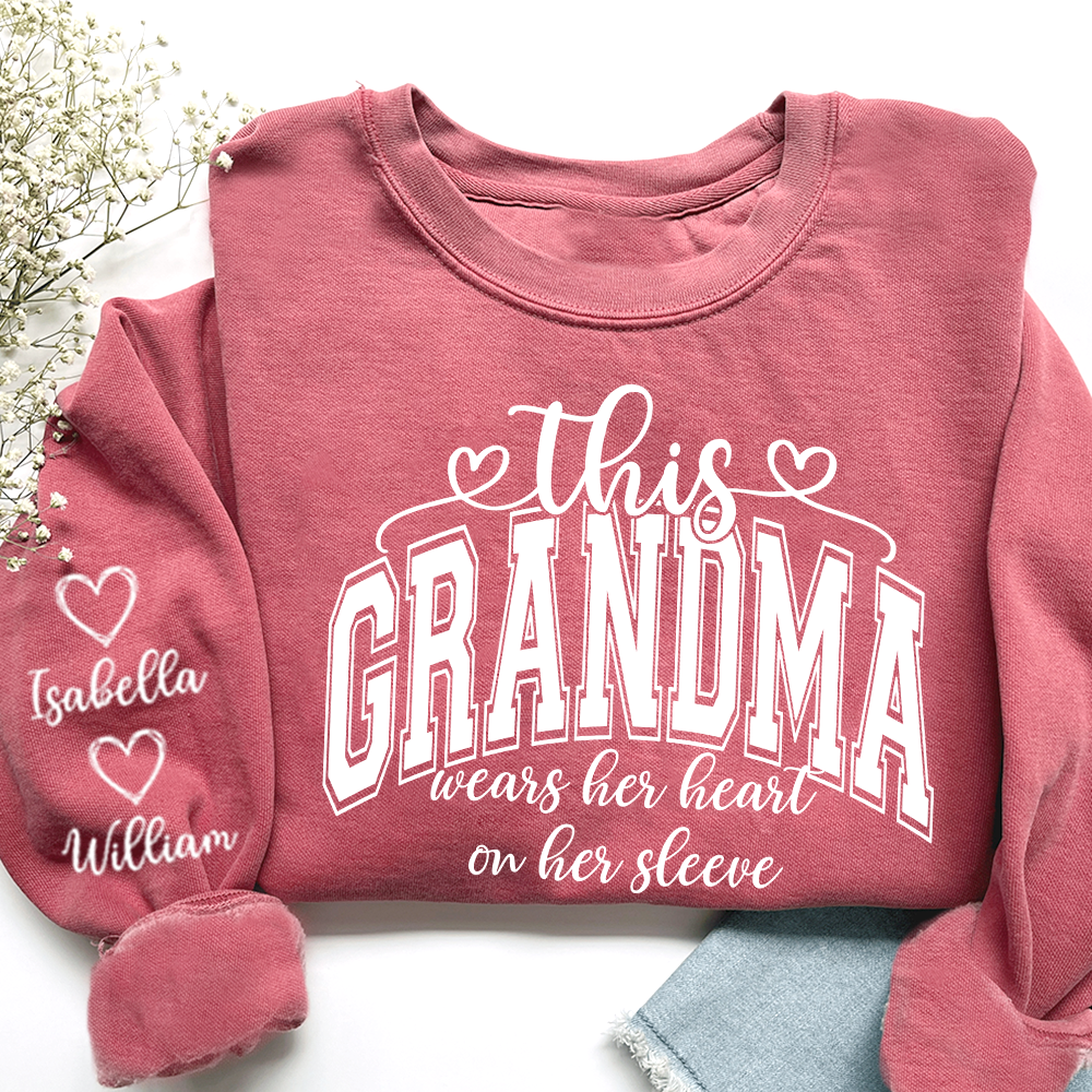 Personalized Grandma Sweatshirt – Custom Grandkids Names Heart on Sleeve Gift for Grandma