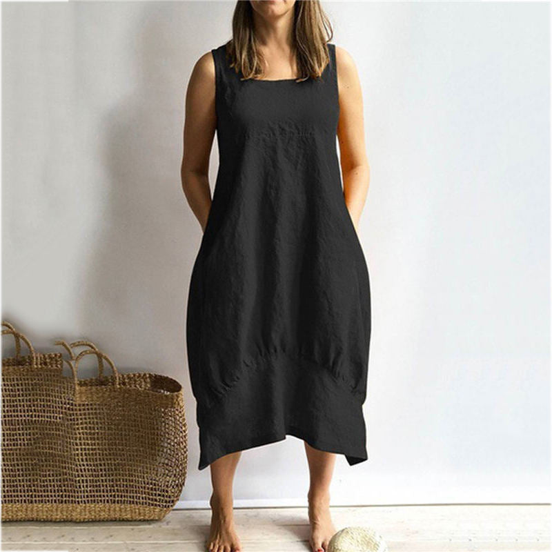 (S-5XL) Women's sleeveless dresses made of solid cotton and linen