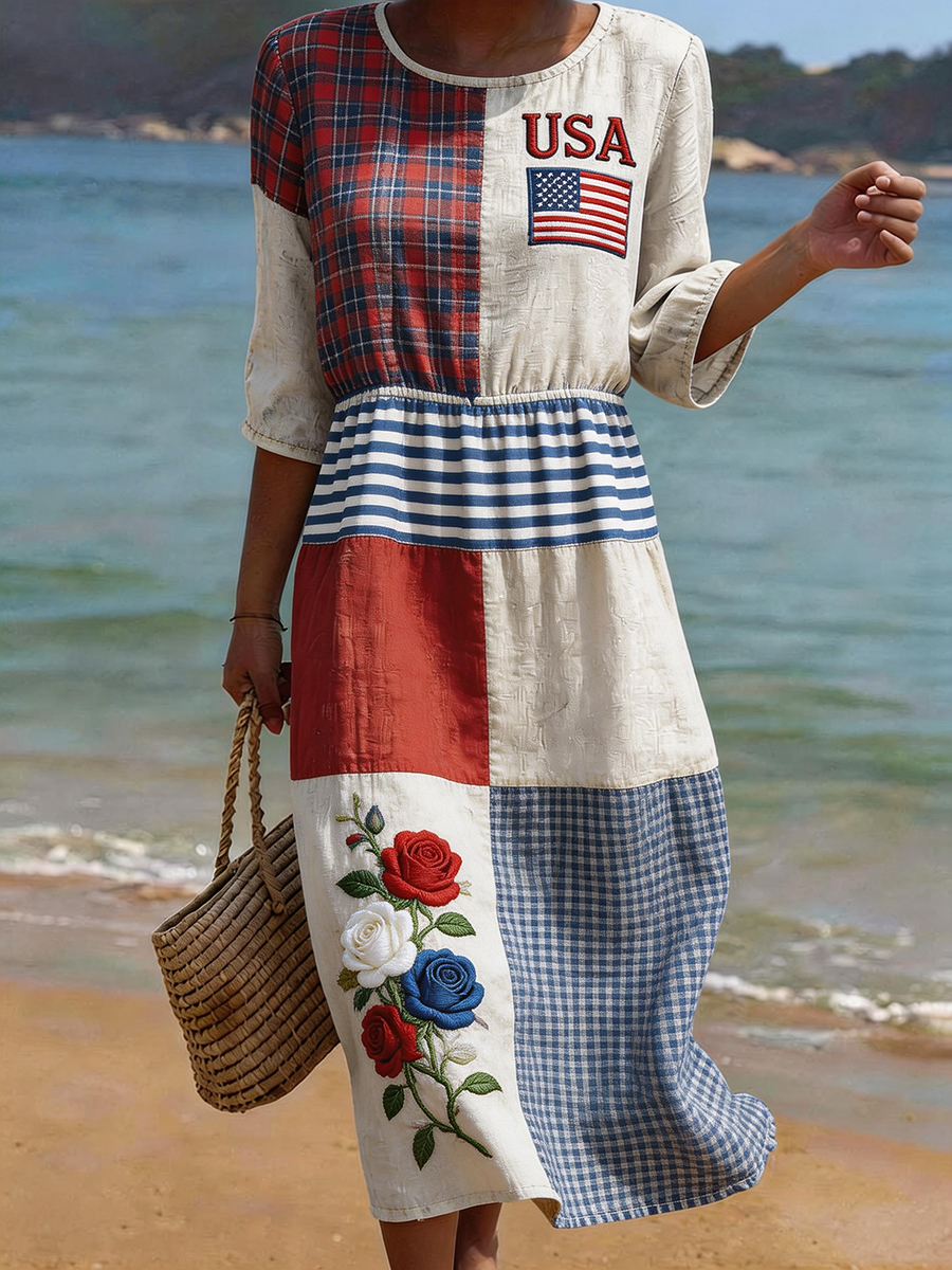 Women Round Neck Spliced Check Floral Embroidery Beach Flowy Midi Dress